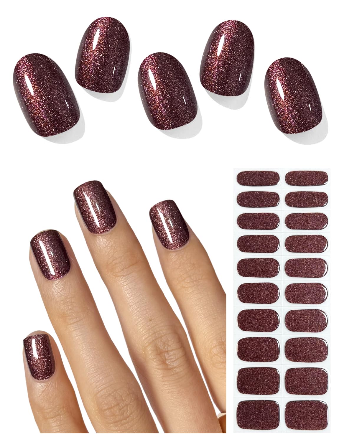 AutyaMee Semi Cured Gel Nail Strips (Glitter Umber), 20 Pcs Deep Brown Gel Nail Wraps, Stickers, Salon Quality, Brown, Works with Any UV Lamps