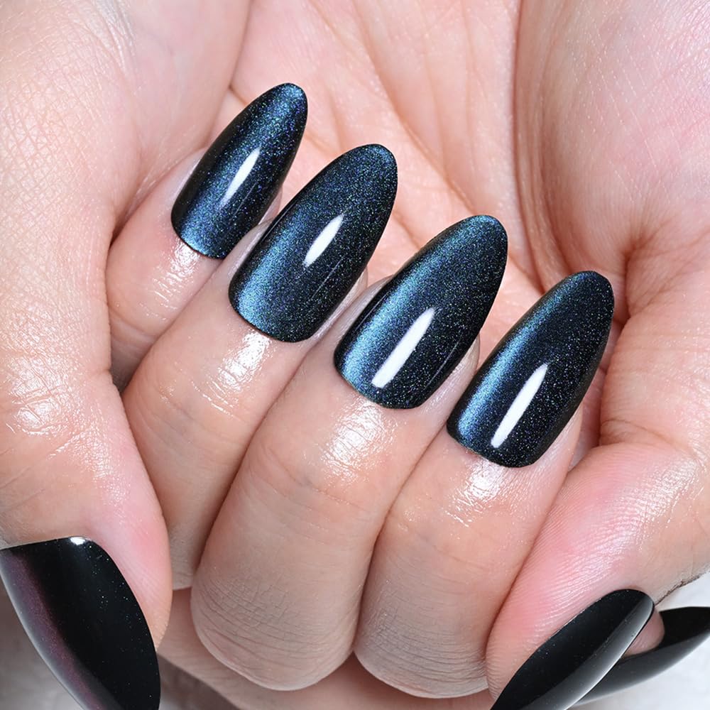 XZMeiLun Cat Eye Starry Blue Press On Nails Almond Medium, Magnetic Acrylic Fake Nails Stylish Design, Salon-Quality Shiny Finish, Reusable Stick On Nails Kit for Women, Daily Wear (No Glue Included)