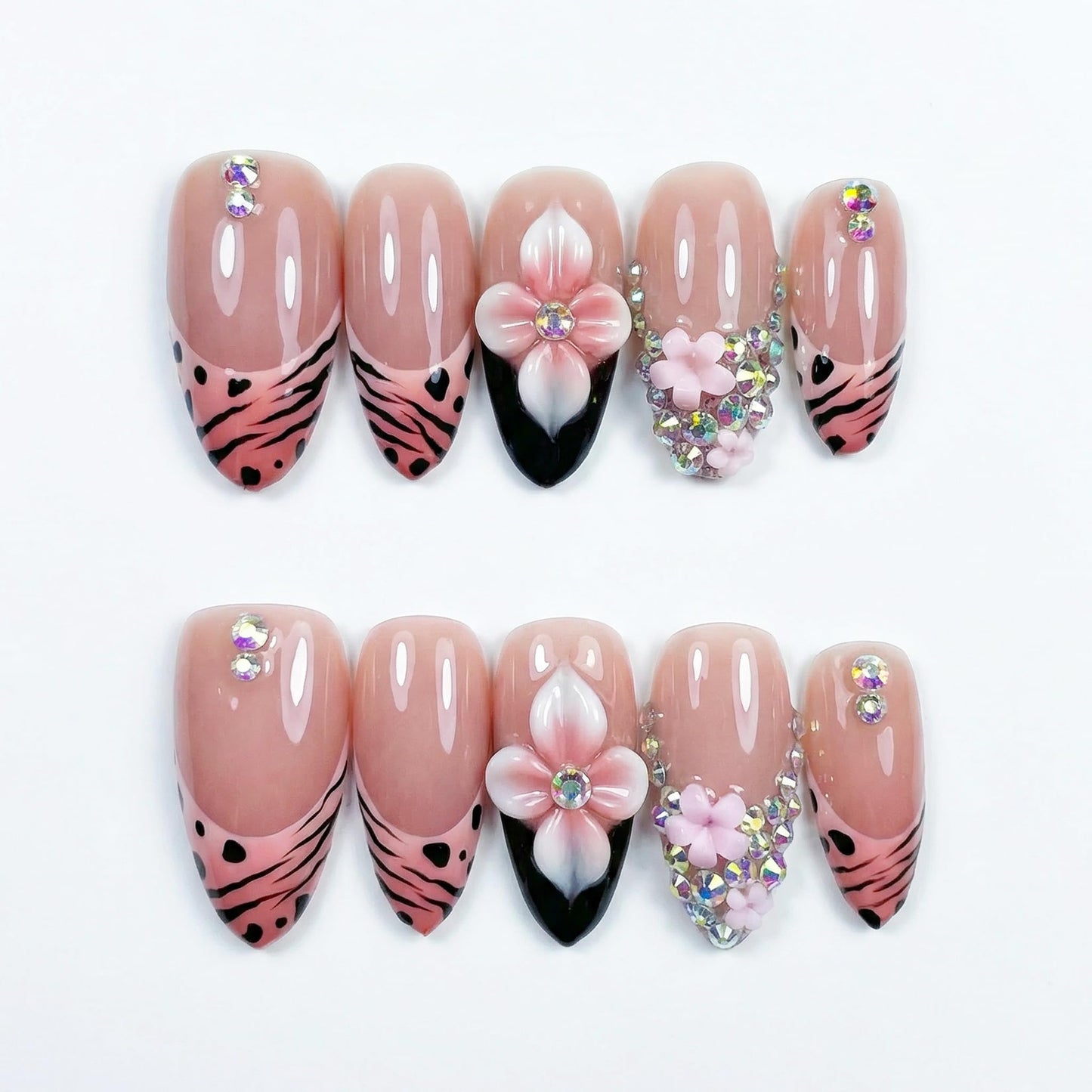 Haozerart Luxury Handmade Press On Nails Medium Almond Pink Zebra Print French Tip Fake Nails With 3D Rhinestones & Flowers Reusable Nails Kit For Women 10Pcs M Size