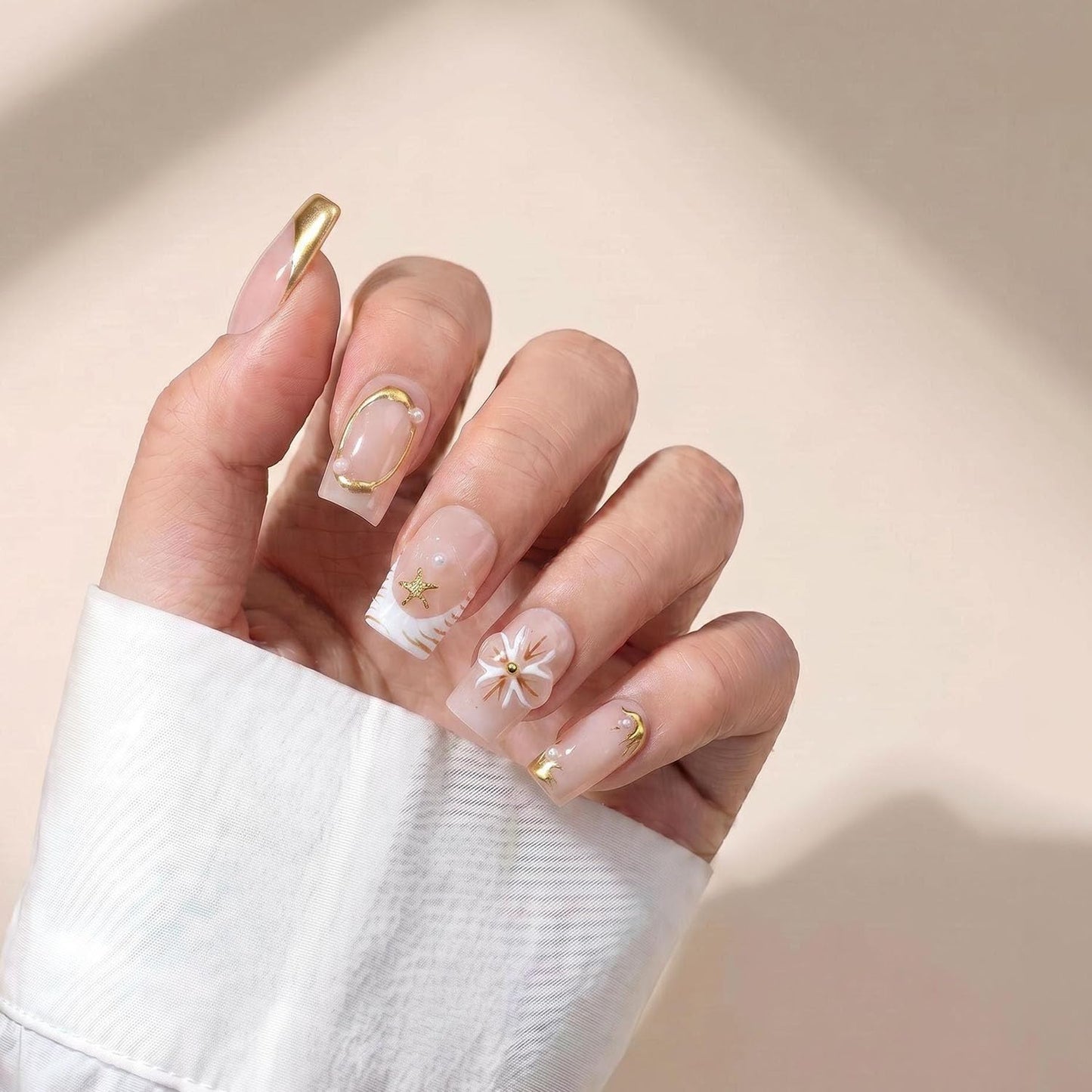 EasierGlow 10Pcs Handmade Short Square Press On Nails | Easy Apply & Remove, Reusable Salon Quality Nails | Nude Press Ons with Gold French Tips, Starfish & Pearl Accents(Y212, S)