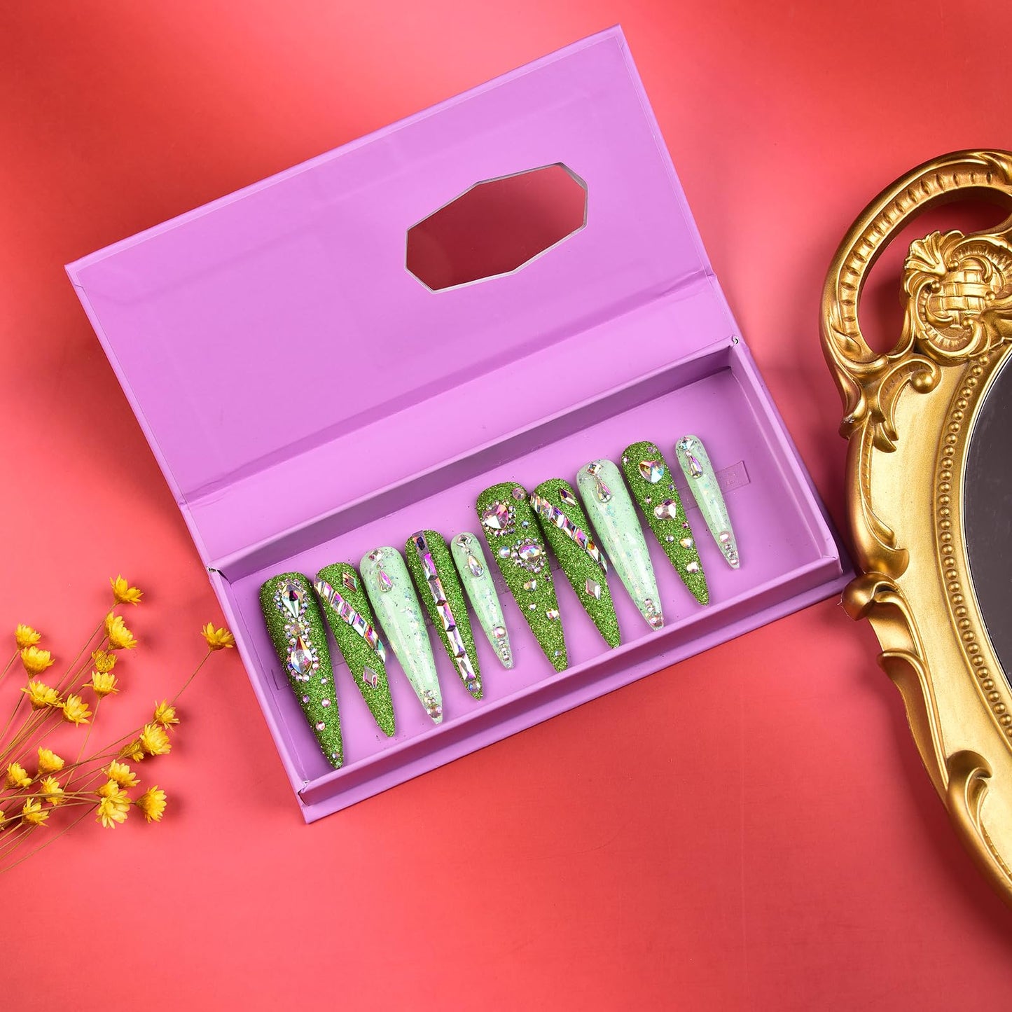 Tmani 10pc/set Extra Long Handmade Press On Nail Hot Girl's Long Ballet Nails Pointed Nail Full of Diamond Glitter Decoration Fake Nails Suitable For Girls Festival Parties and Birthday Gift（206,L)
