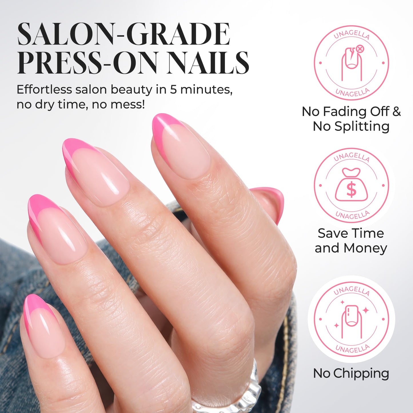 UNA GELLA 32Pcs Soft Gel Press on Nails - 16 Sizes Hot Pink Summer French Tip Almond Glue on Nails, Reusable Neon Pink False Nails, Full Cover Acrylic Nail Kit for Women DIY Home Manicure