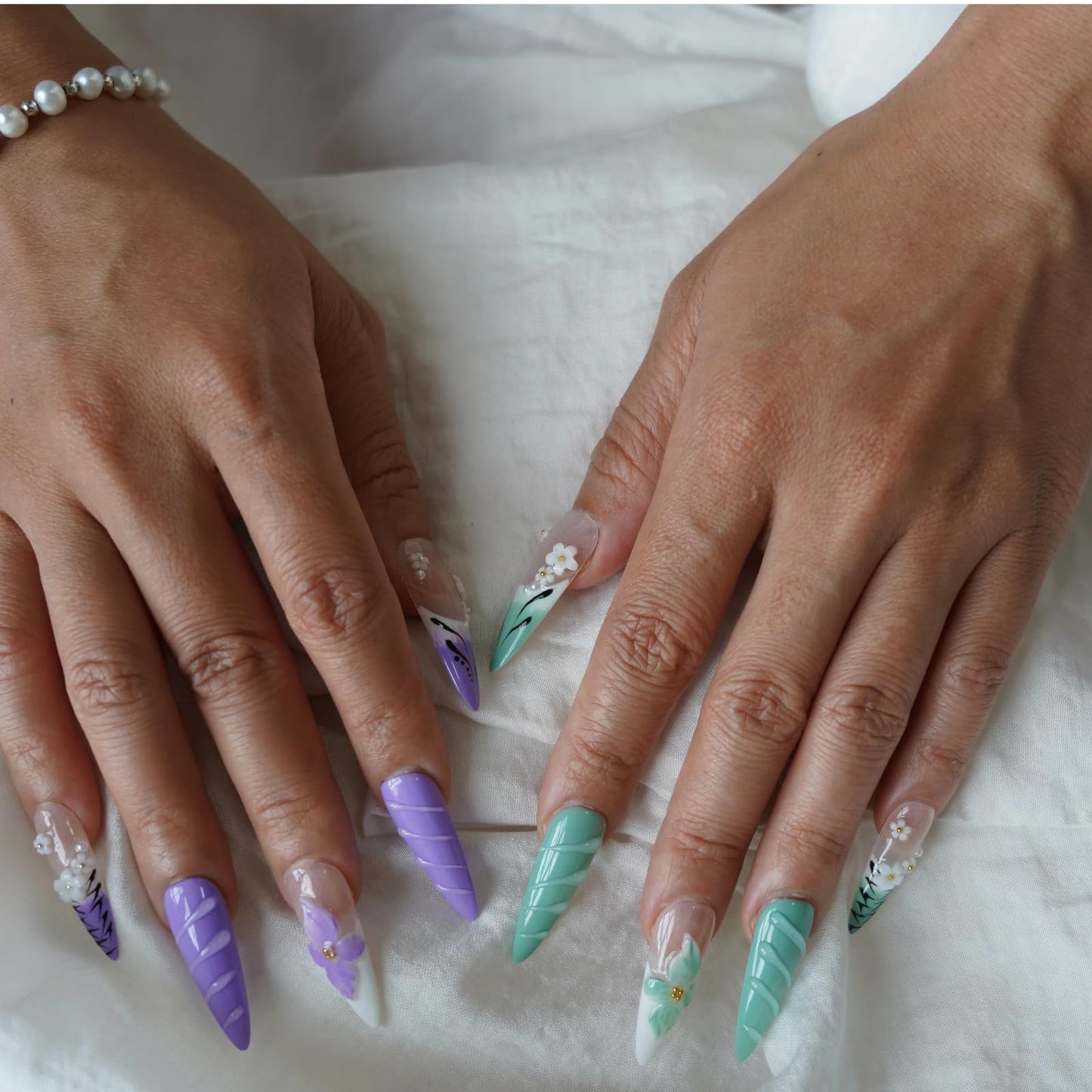 Tesytto Purple & Green Press on Nails Long Stiletto - Handmade Floral Leopard French Tip, Luxury 3D Flower Design, Spring Vacation Salon Finish Stick on Nails (Flower Fairy,S)