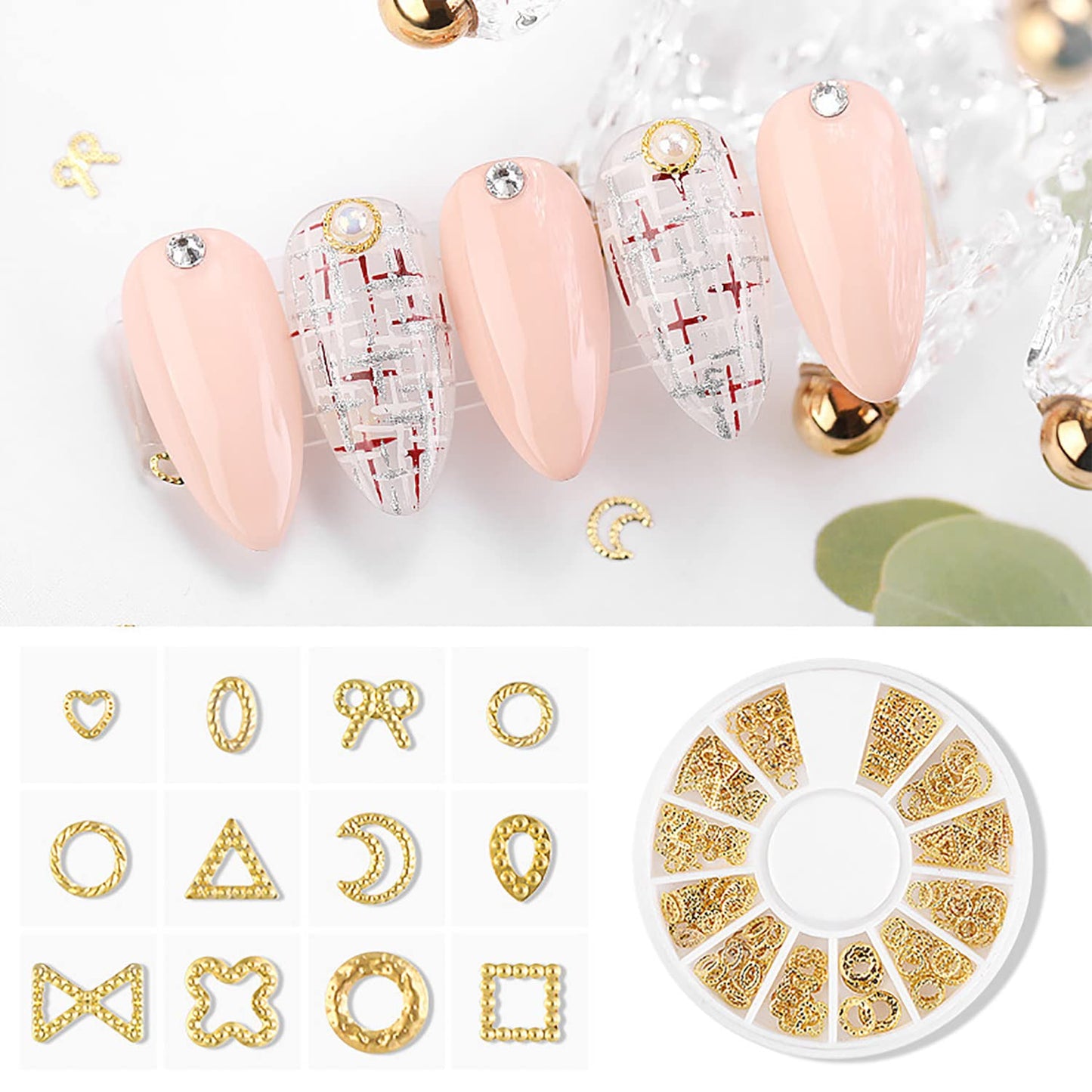 SILPECWEE 6 Boxes 3D Gold Nail Charms Hollow Metal Nail Studs Star Moon Heart Beach Nail Art Charms Nail Jewels Charms for Nails Design Nail Decoration for Acrylic Nails Accessories