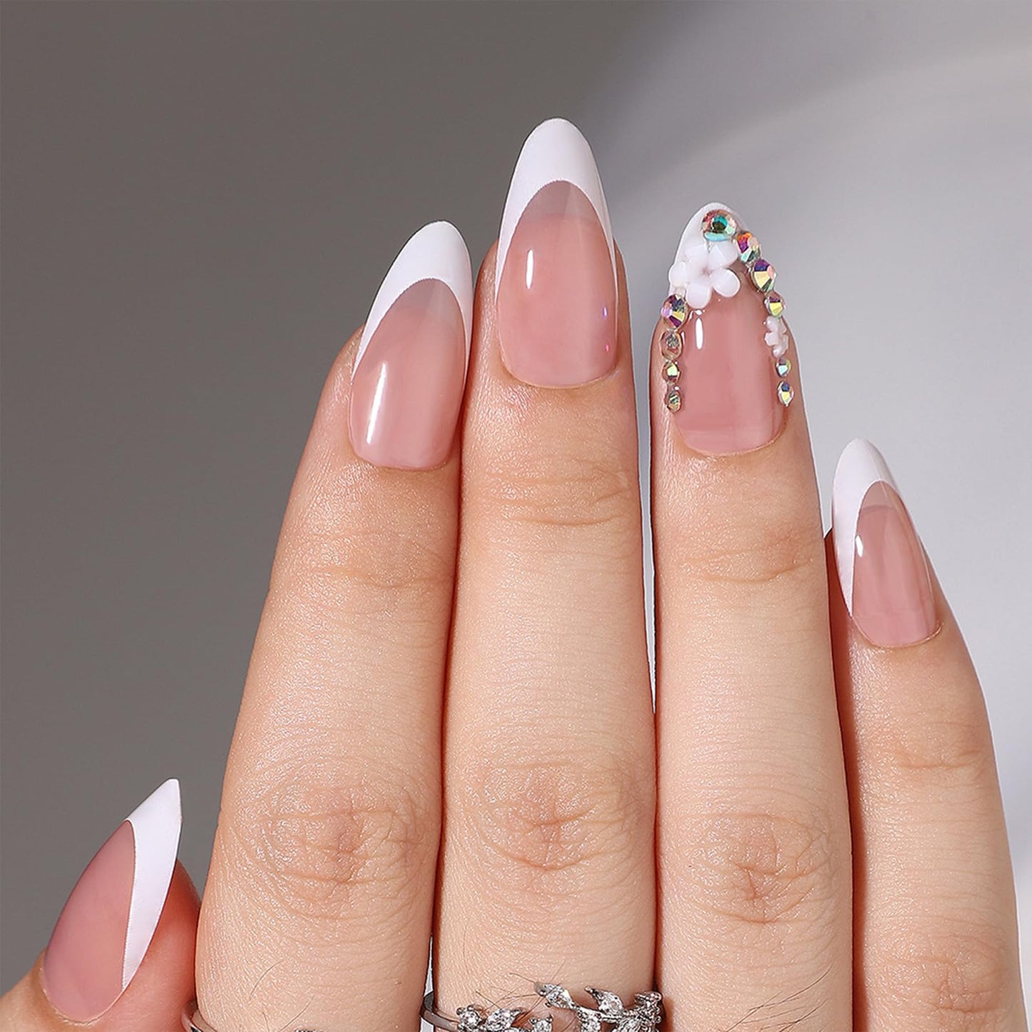 FJSMTOPl 3D Flower Press on Nails Almond Fake Nails Press ons French Tip False Nails with Desgins Rhinestones Acrylic Glue on Nails Artificial Stick on Nail for Women Manicure 24Pcs
