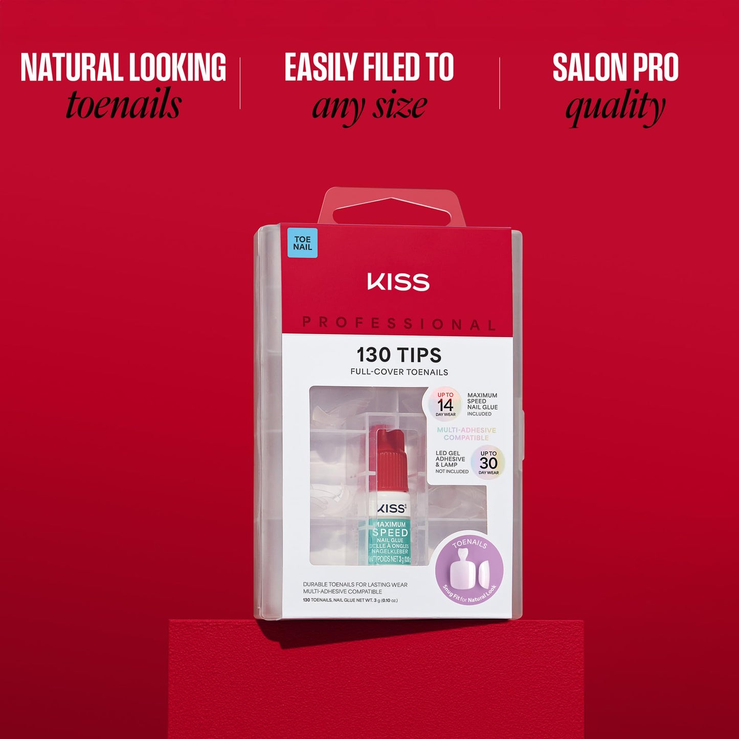 Kiss PROFESSIONAL, Press On Nails, Nail glue included, 'Tippy Toes', White, Short Size, Squoval Shape, Includes 130 Toenails, 3g Glue