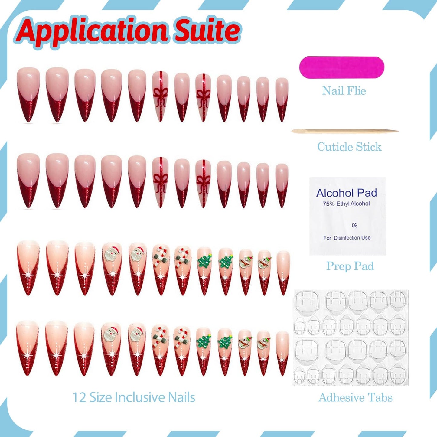 Christmas Press on Nails Kit 48 Pcs Long Stiletto Fake Nails 2 Style Red French Tip False Nails with Xmas Tree Santa Charms Bow Glitter Designs Glossy Glue on Nail Winter Acrylic Nails for Women Girls