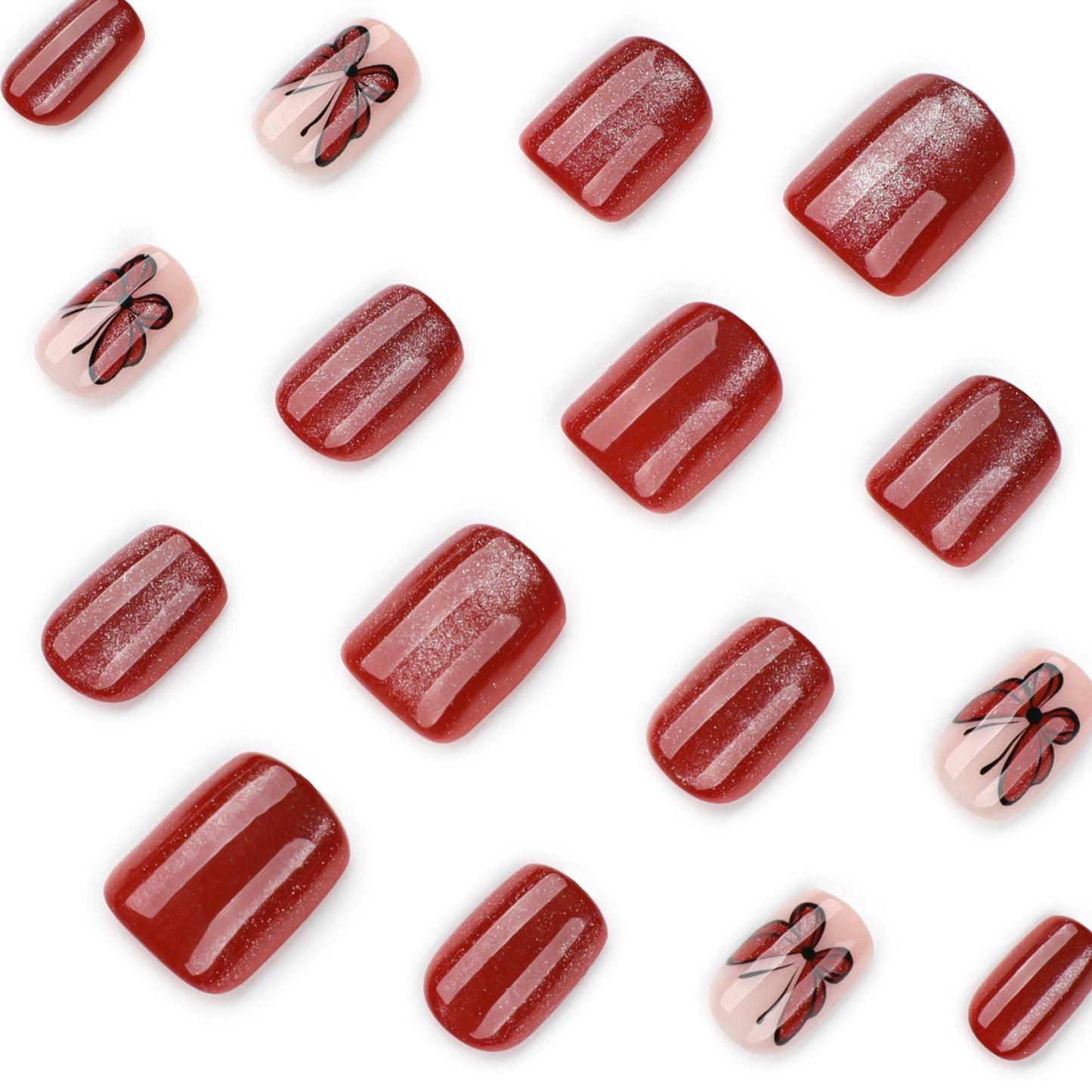 24Pcs Red Press on Nails Short Square Fake Nails Cat's Eye False Nails with Glitter Butterfly Designs Acrylic Nails for Women Manicure