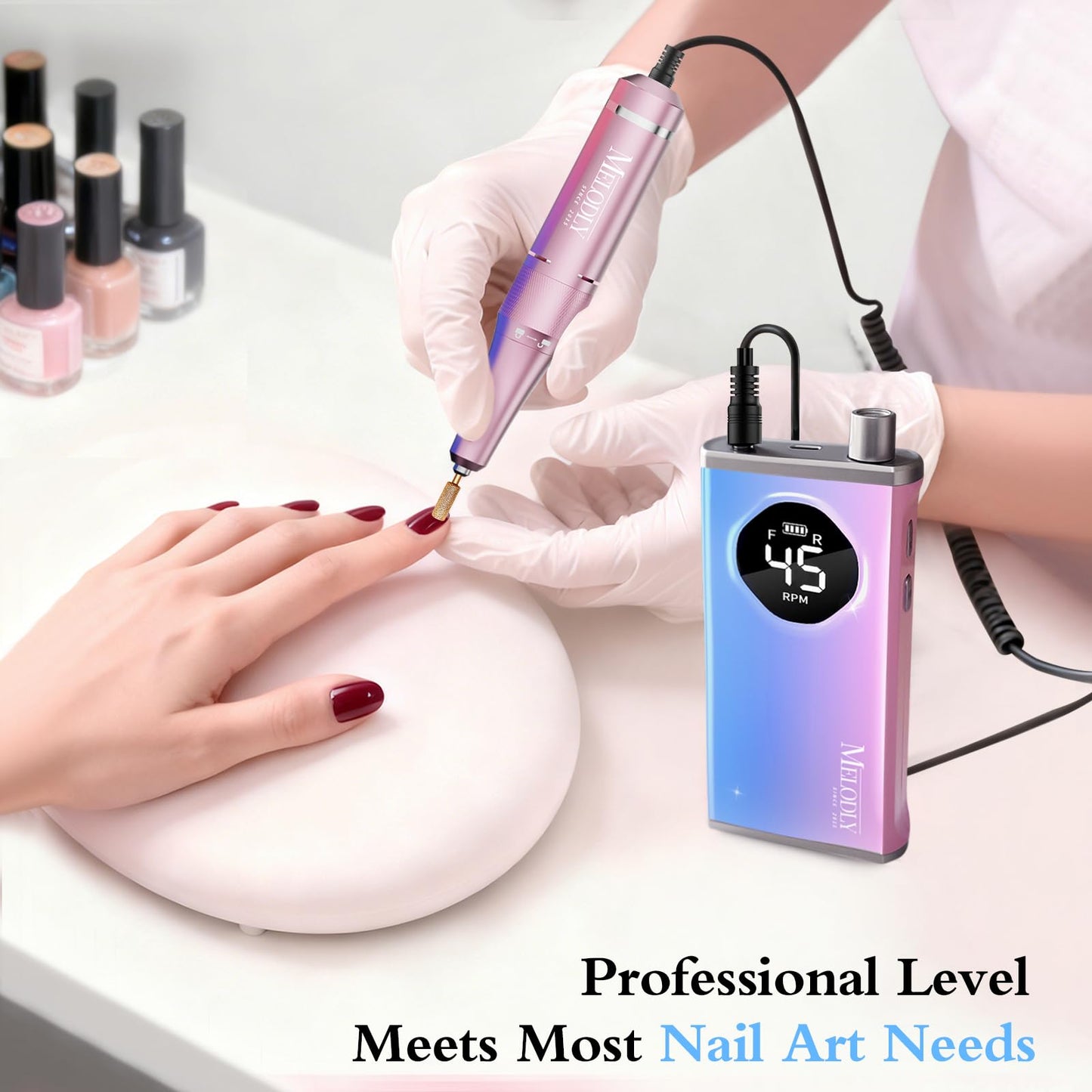 Electric Nail Drill File Professional 45000 RPM, Melodly Rechargeable Electric Nail File Machine Kit for Acrylic Gel Nails Polishing Removing, Portable Cordless Efile with Gold Bits Kit at Salon Home