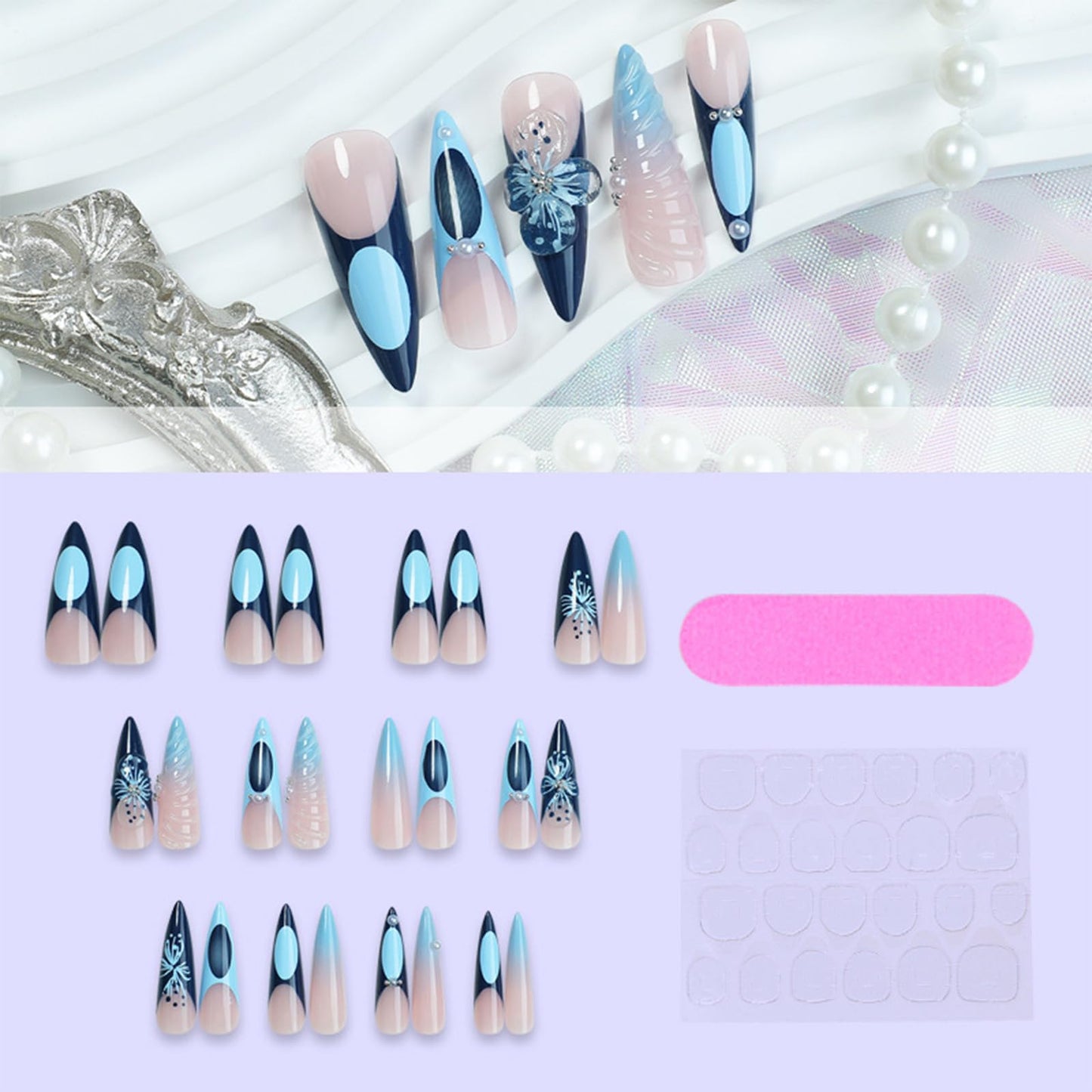 Blue French Tips Press On 3D Curve Line Stick On Long Stiletto 3D Flower Acrylic Fake Nails - 24 Pcs Glossy Blue Gradient False Pearl Gel Glue On for Women Girls