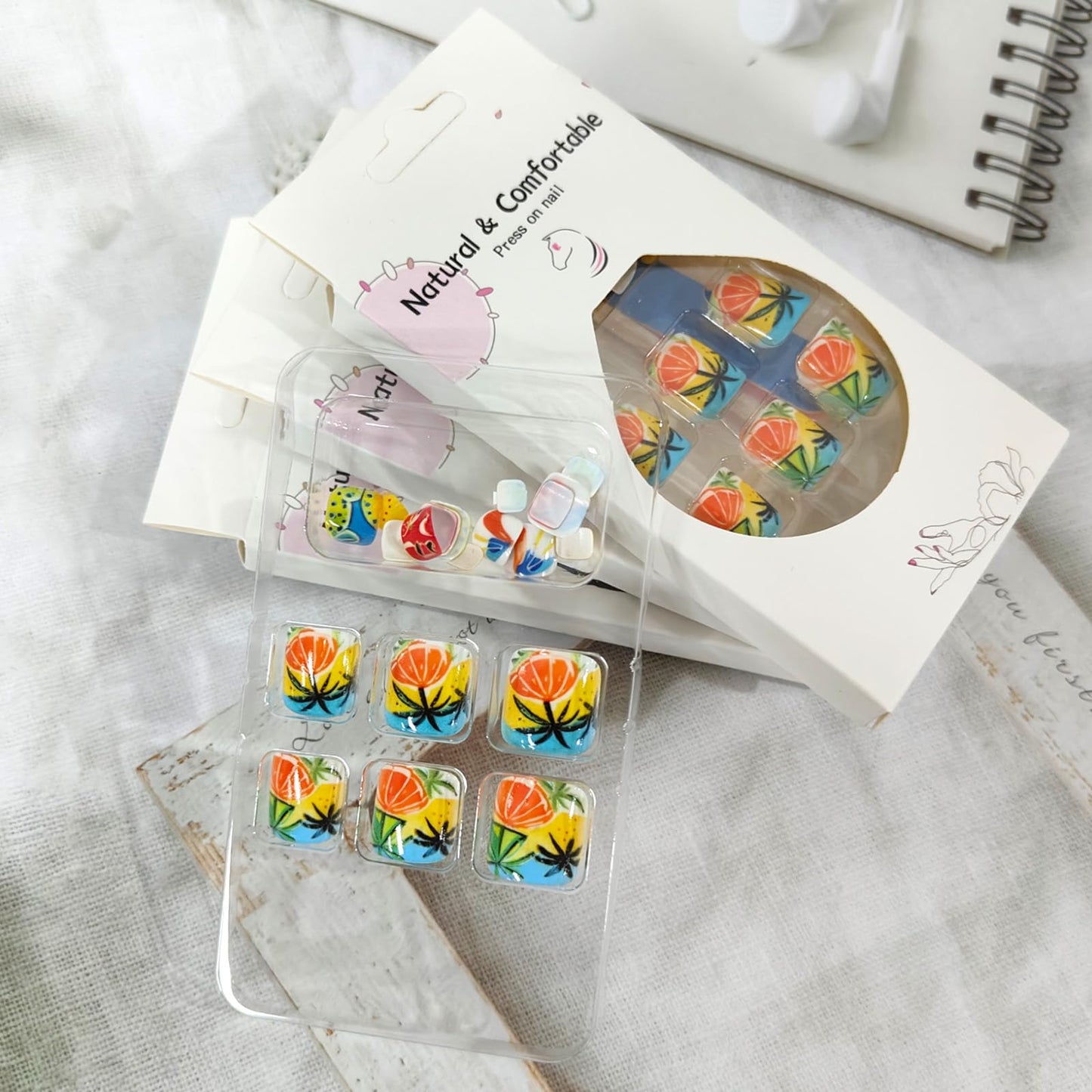 Summer Beach Press on Toenails Short Fake Toe Nails with Orange Coconut Tree Seagull Designs Summer Toenail Press ons Glossy Acrylic False Toenails Reusable Glue on Toe Nails for Women