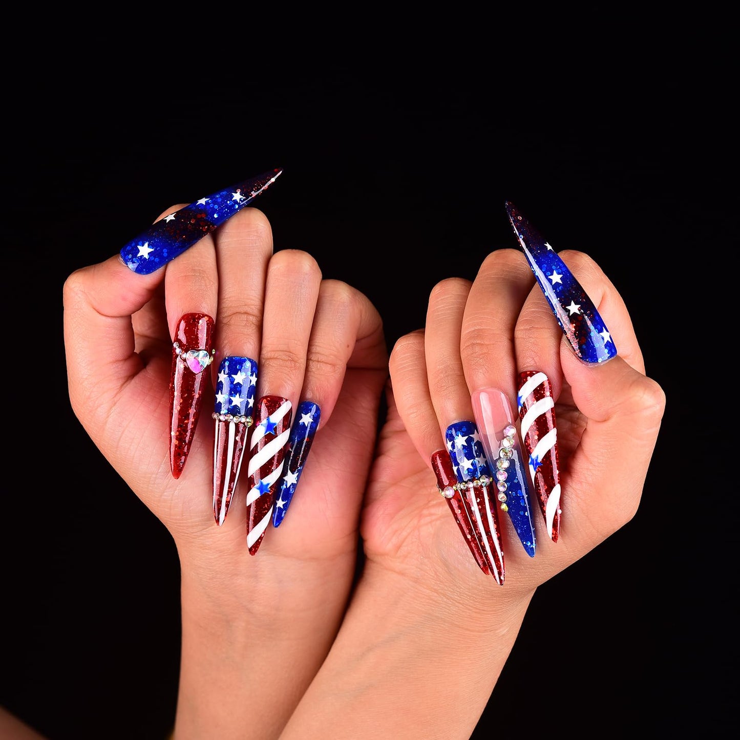 Tmani 10pc/set Extra Long Handmade Press On Nail Hot Girl's Long Ballet Nails Pointed Nail Full of Diamond Glitter Decoration Fake Nails Suitable For Girls Festival Parties and Birthday Gift (008,M)