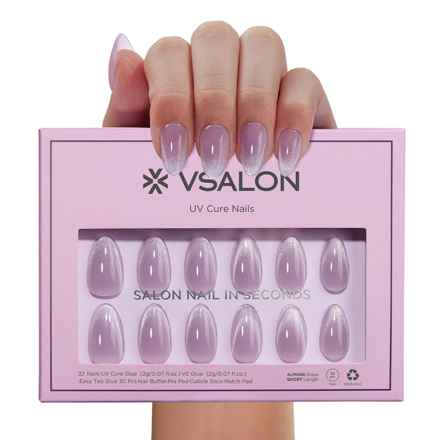 VSALON Almond Short Press On Nails, Pastel Light Purple Summer Ombre Sheer Cat Eye French Tip Light Curable Fake Nails, Reusable Stick On False Nails - 32 Pcs Nails Kit in 16 Sizes with Glues