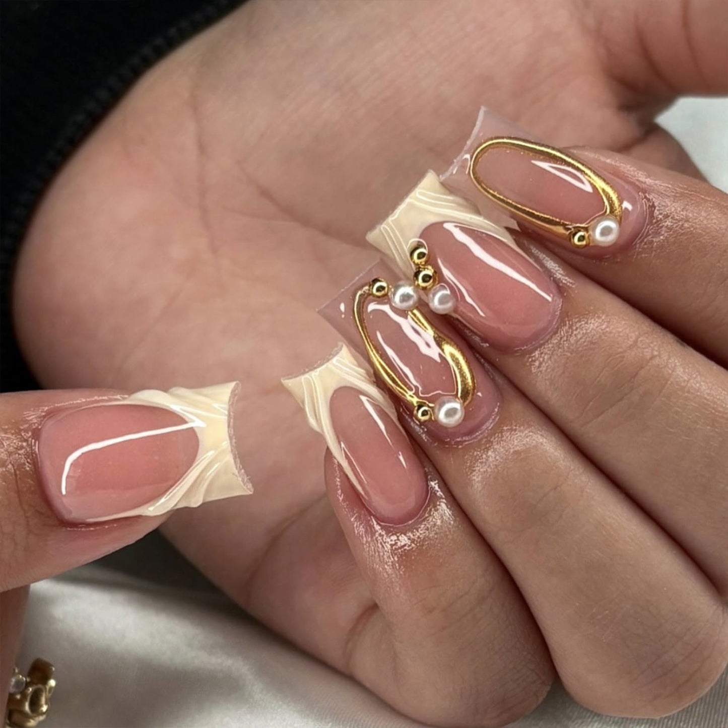 Medium Press on Nails Square Fake Nails with Gold Hollow-Out Pearl Design French Tip False Nails Press ons Glossy Full Cover Acrylic Nails Reusable Artificial Nails for Wommen Girls