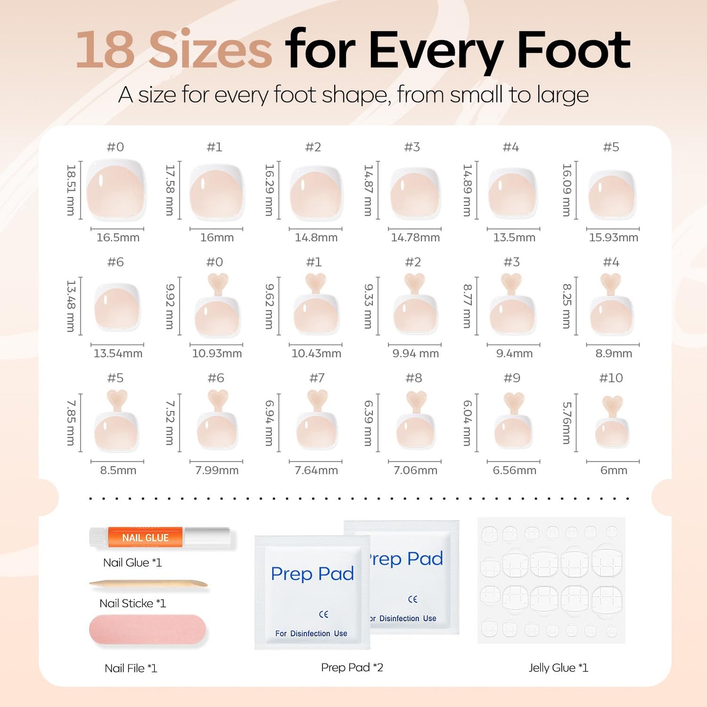 Modelones Press on Toenails Short, Nude French Tip Toe Nails Square, Reusable Nail Kit with Nail Glue Adhesive Tabs Mini Nail File, Toe Nails 36Pcs 18Sizes, Summer Spring Women Girl Gift