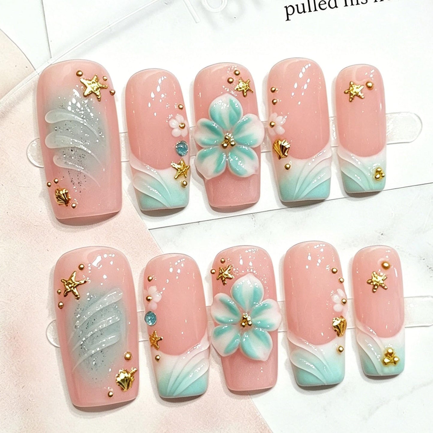 10 Pcs Handmade Press on Nails Medium Square Fake Nails with Blue 3D Flower Design False Nails Pink Acrylic French Tip Press Ons Nails Square M Size for Women Ocean Manicure