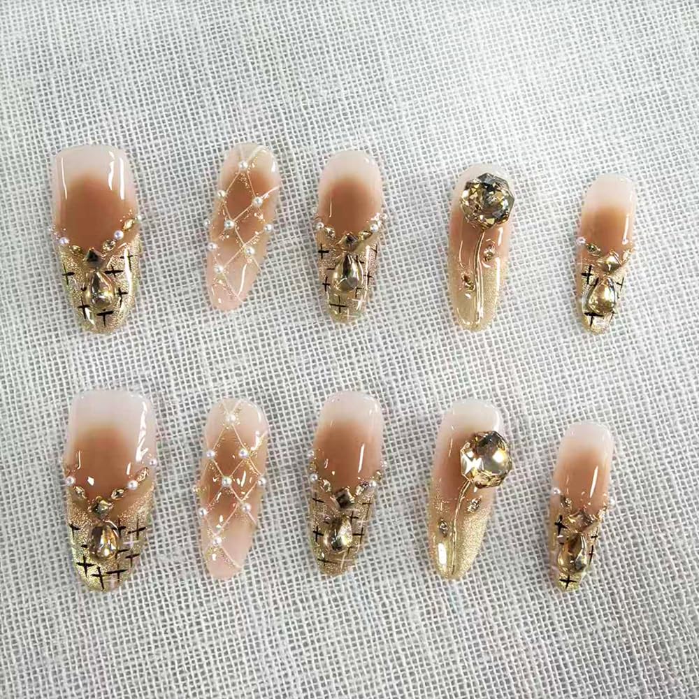 Handmade Press on Nails Long Stiletto Fake Nails French Tip with 3D luxury Rhinestones Designs Gold Glitter Cute Acrylic Nails for Women 10pcs (Size M）