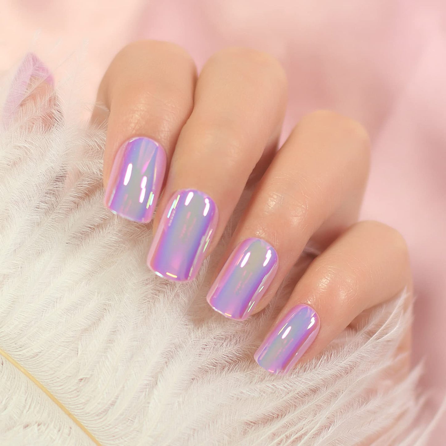 iBeautying Press on Nails - Metallic Mirror Purple Pink False Nails | Punk Metal Chrome Finish Short Reusable Fake Nails 24pcs Kit with Jelly Glue Pad
