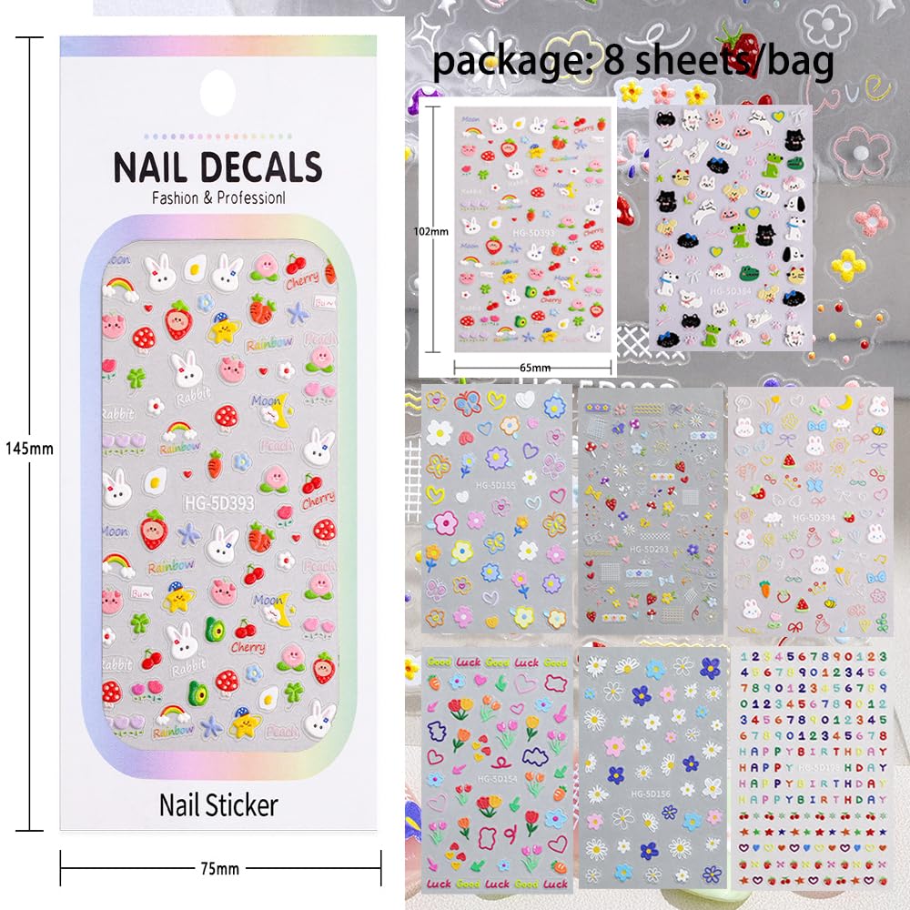 8 Sheets Kids Nail Stickers for Nail Art, 5D Embossed Self-Adhesive Flower Rainbow Dog Fruits Cherry Nail Decals, Cute Nail Supplies Designs Accessories for Women Girls Toddler Manicure DIY Decoration