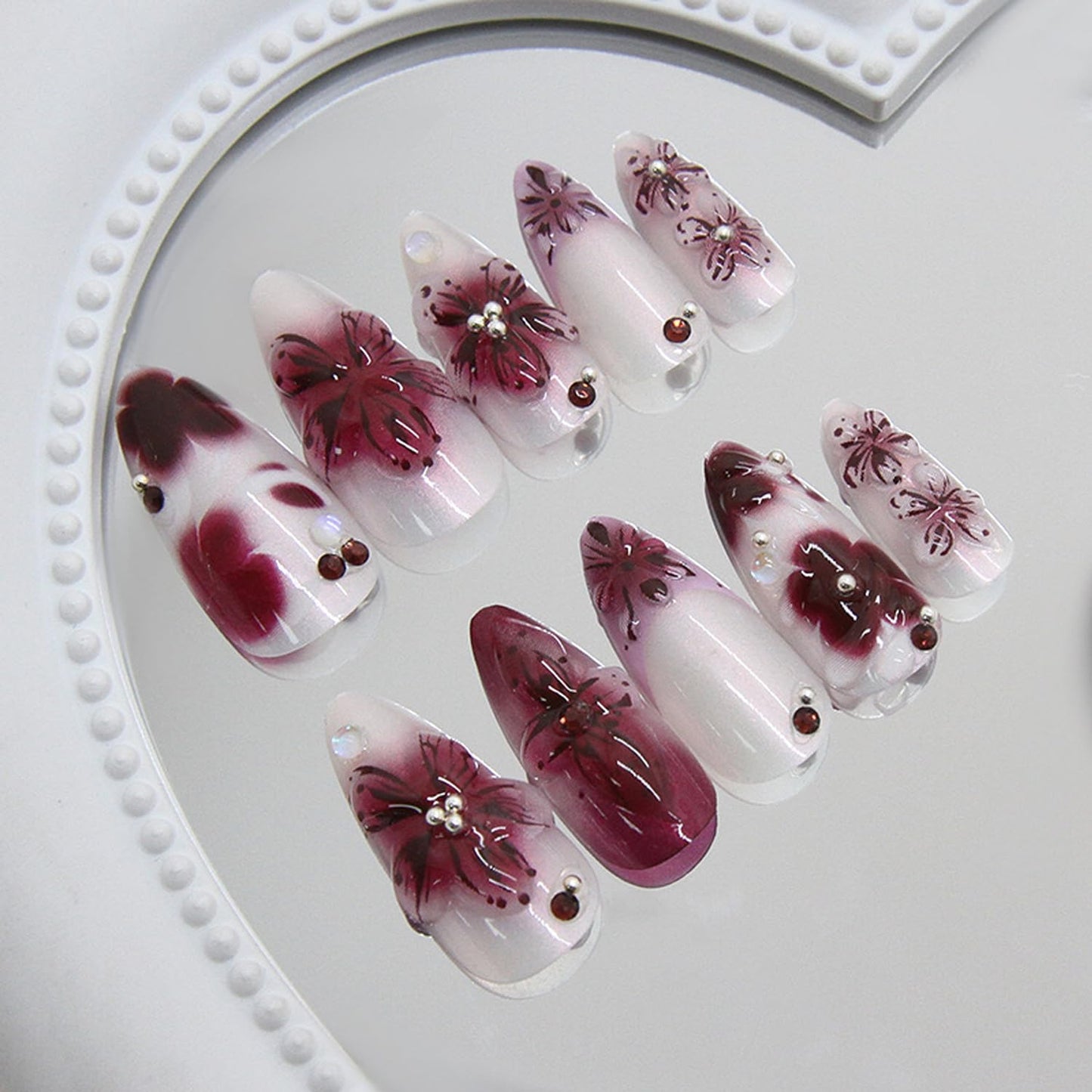 YKZFUI 24Pcs Dark Purple Flower Pearls Nails Medium Almond Acrylic French Tip False Nails Glue on Nails Set