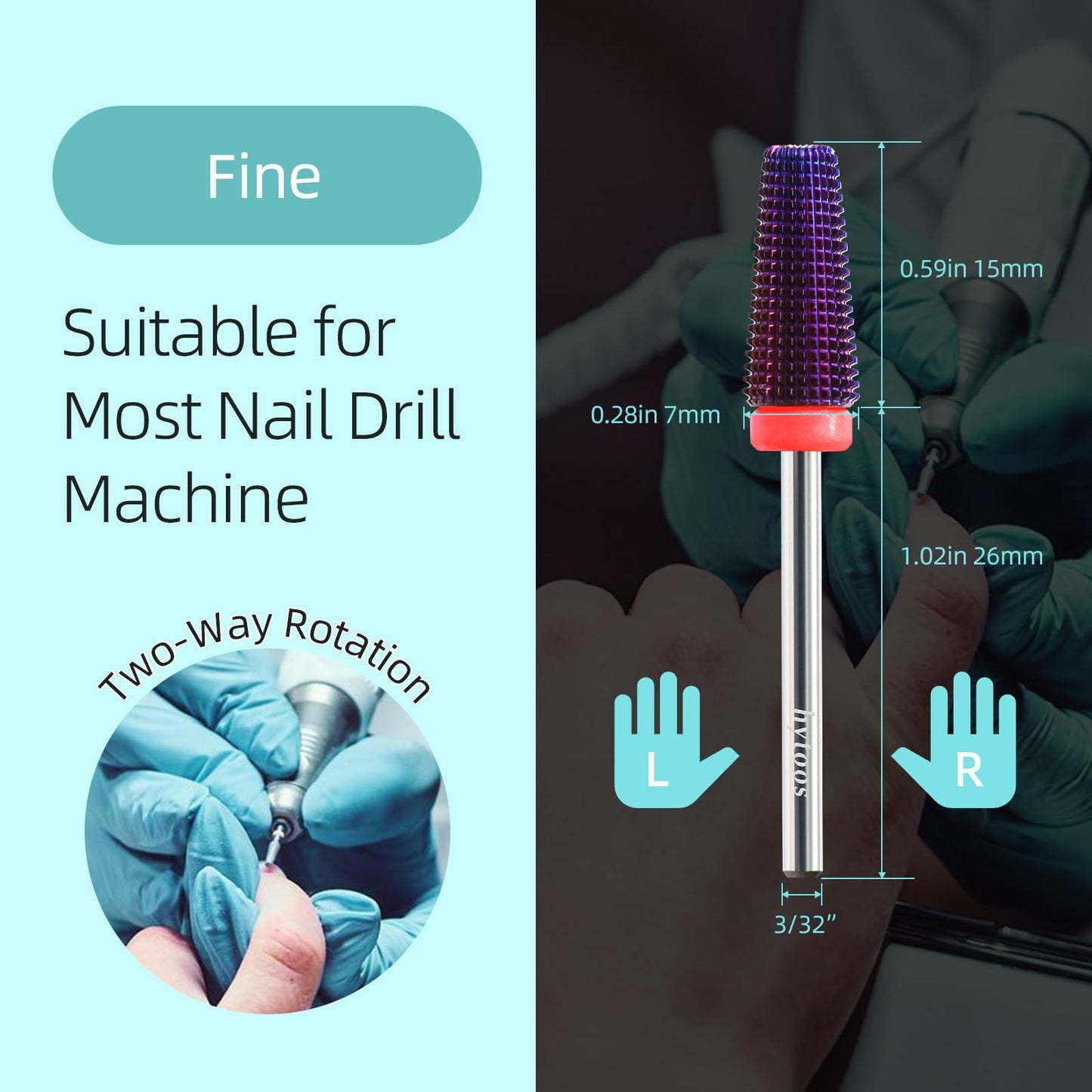 HYTOOS Purple 5 in 1 Nail Drill Bit, 15mm Tapered Drill Bits for Nails, 3/32" Professional Straight Cut Two-way Carbide Nail Bits, Electric Manicure Gel Polish Acrylic Powder Removal Tool, Fine
