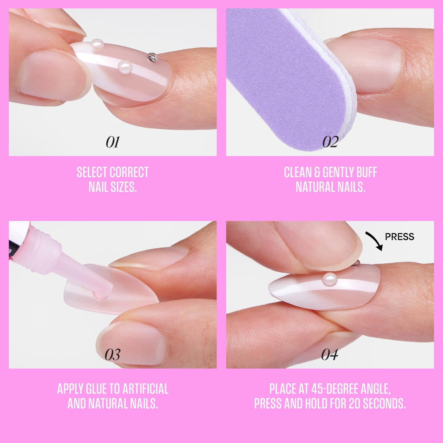 Kiss Glam, Press On Nails, Nail glue included, 'Captured', White, Medium Size, Almond Shape, Includes 32 Nails, 2g Glue, 1 Manicure Stick, 1 Mini File