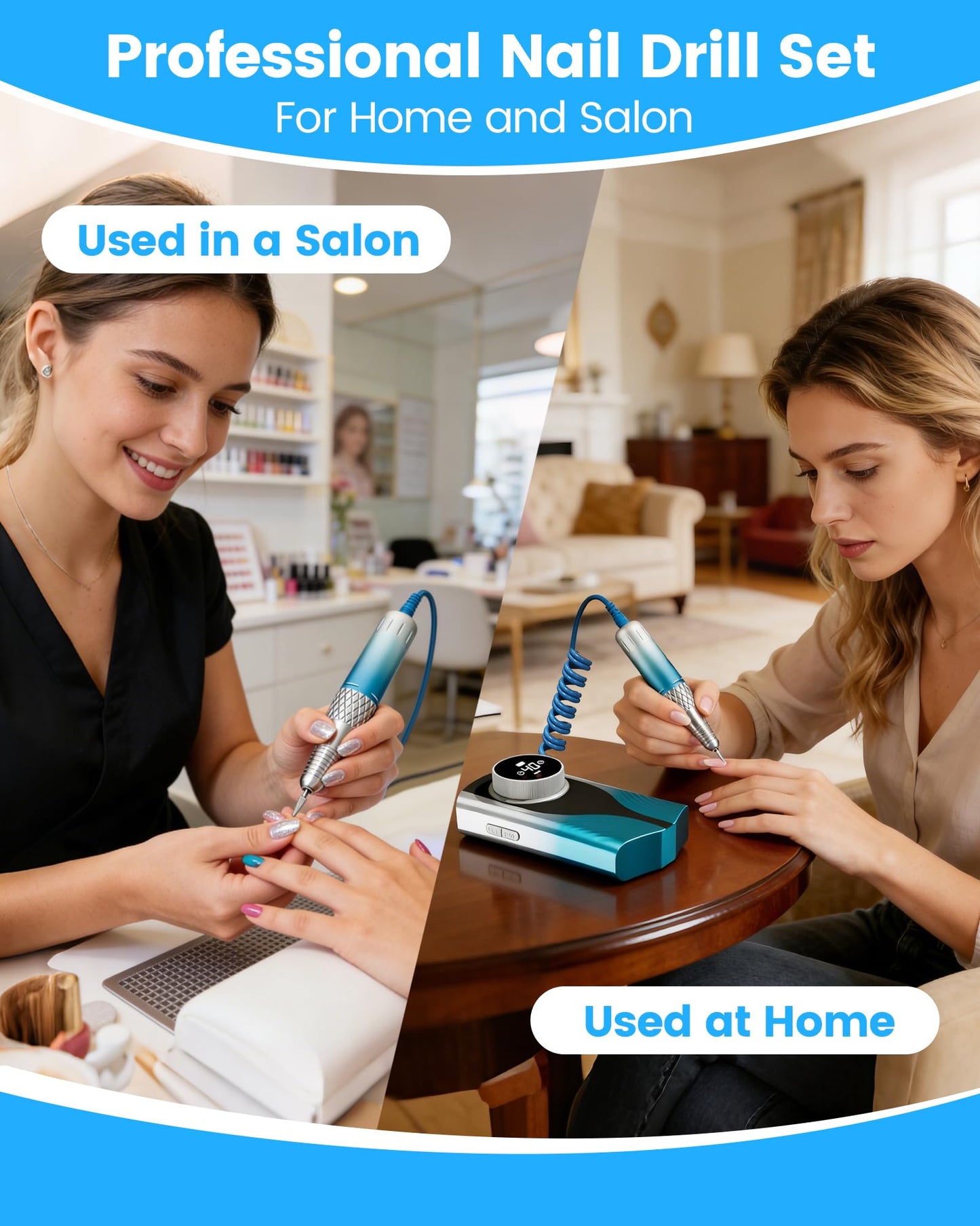 Nail Filer Electric Nail Drill Professional, Kisufu 45000 RPM Rechargeable Efile Nail Drill Kit with Smart Led, 3600mAh, Portable Nail Grinder for Salon Home Use, Women's Day Gifts (Blue).