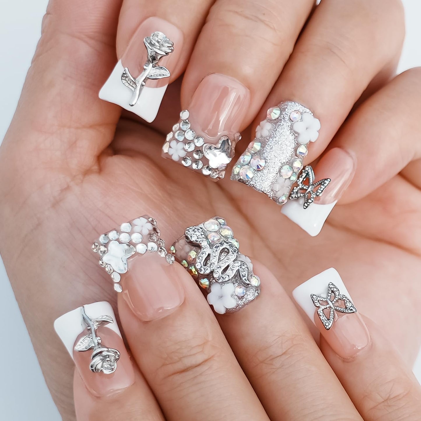 Tesytto Handmade Press on Nails Short Duck White French Tip Thick Acrylic Fake Nails 3D Floral Metallic Rose Butterflies Luxury Rhinestone Design (Silver Ash Butterfly Sheen,M)