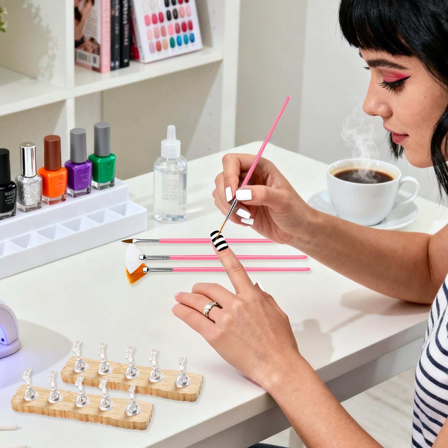 ESUOHYM Nail Stand For Press On With Nail Art Brushes Nail Holder For Painting Practice Display Presson Nails Nail Art tools Set with Nail Dotting 3D Sculpting tools, Practice Kit Tech