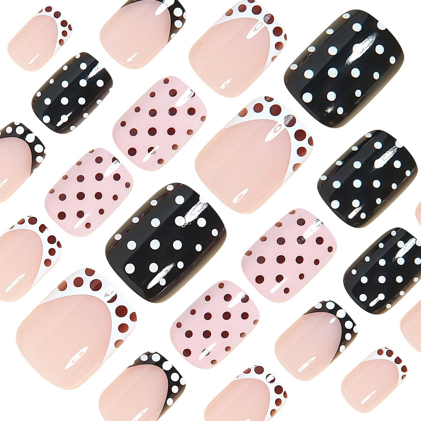 Polka Dot Press on Nails Short Square Fake Nails French Tip False Nails Cute Polka French Acrylic Nail Glossy Full Cover Glue Stick on Nail for Women Manicure 24Pcs