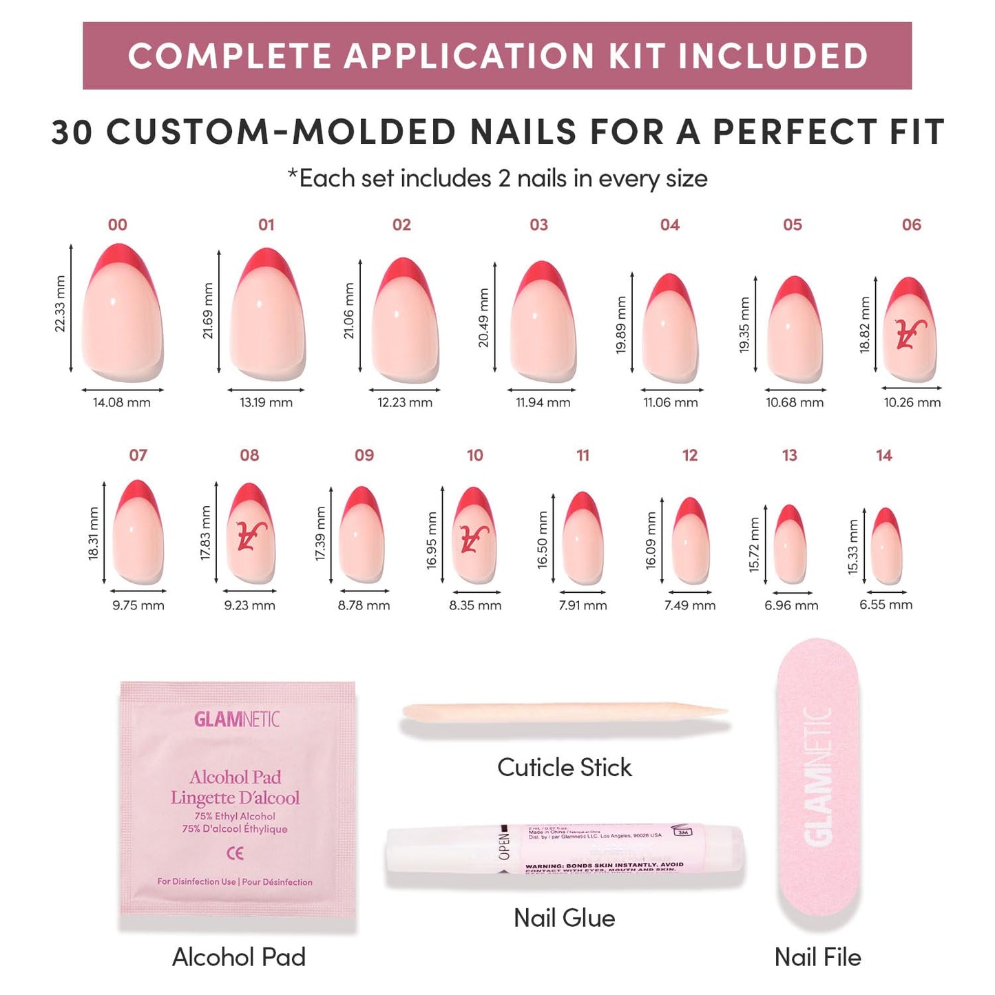 Glamnetic x Fanatics Press On Nails - Alabama Crimson Tide | Short Almond Fake Nails, Collegiate Crimson Tide Red French Tips, College Nails, Salon-Quality | 15 Sizes - 30 Nail Kit with Glue