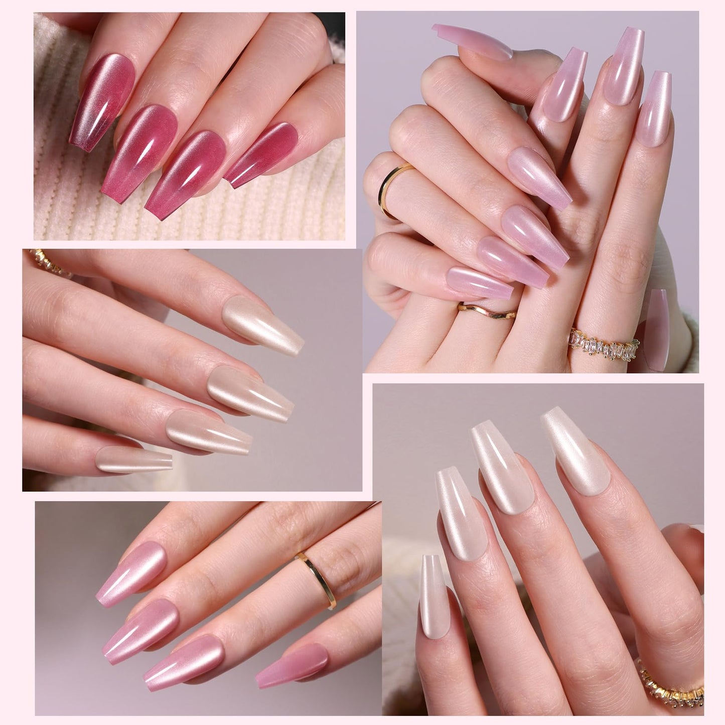 CUZIAM 150Pcs Cat Eye Press on Nails Coffin Medium, 5 Colors Natural Nude Pink Reusable Artificial Acrylic False Nails Glass Magnetic Long Lasting Gel Nail Tips,Fake Nails Manicure Kit for Women