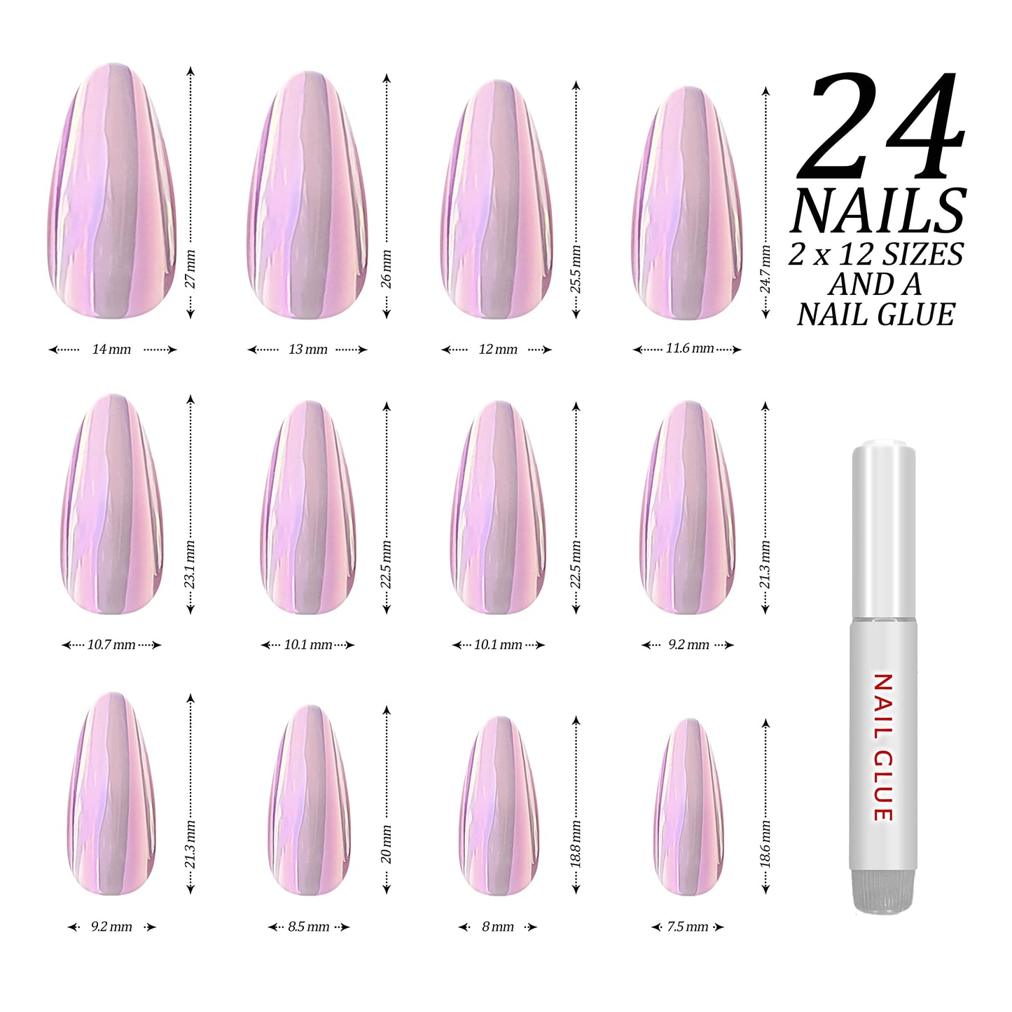 Hypnaughty Press On Nails - Party Star Coffin & Light Pink Almond Chrome, Trendy & Salon Quality Reusable Nails With Kit