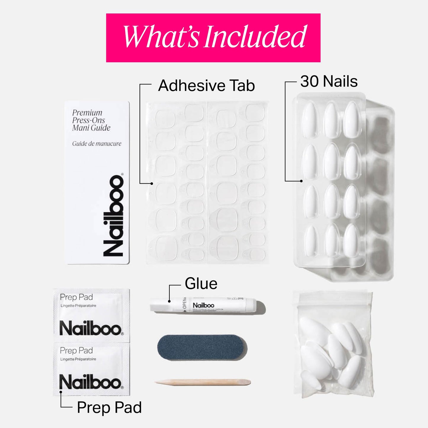 Nailboo Press On Nails, Salon-Quality Reusable Fake Nails for Fast DIY Manicure with Strong Hold Nail Glue for Press Ons, Nail File, & Alcohol Prep Pads, Here’s A Tip, Round