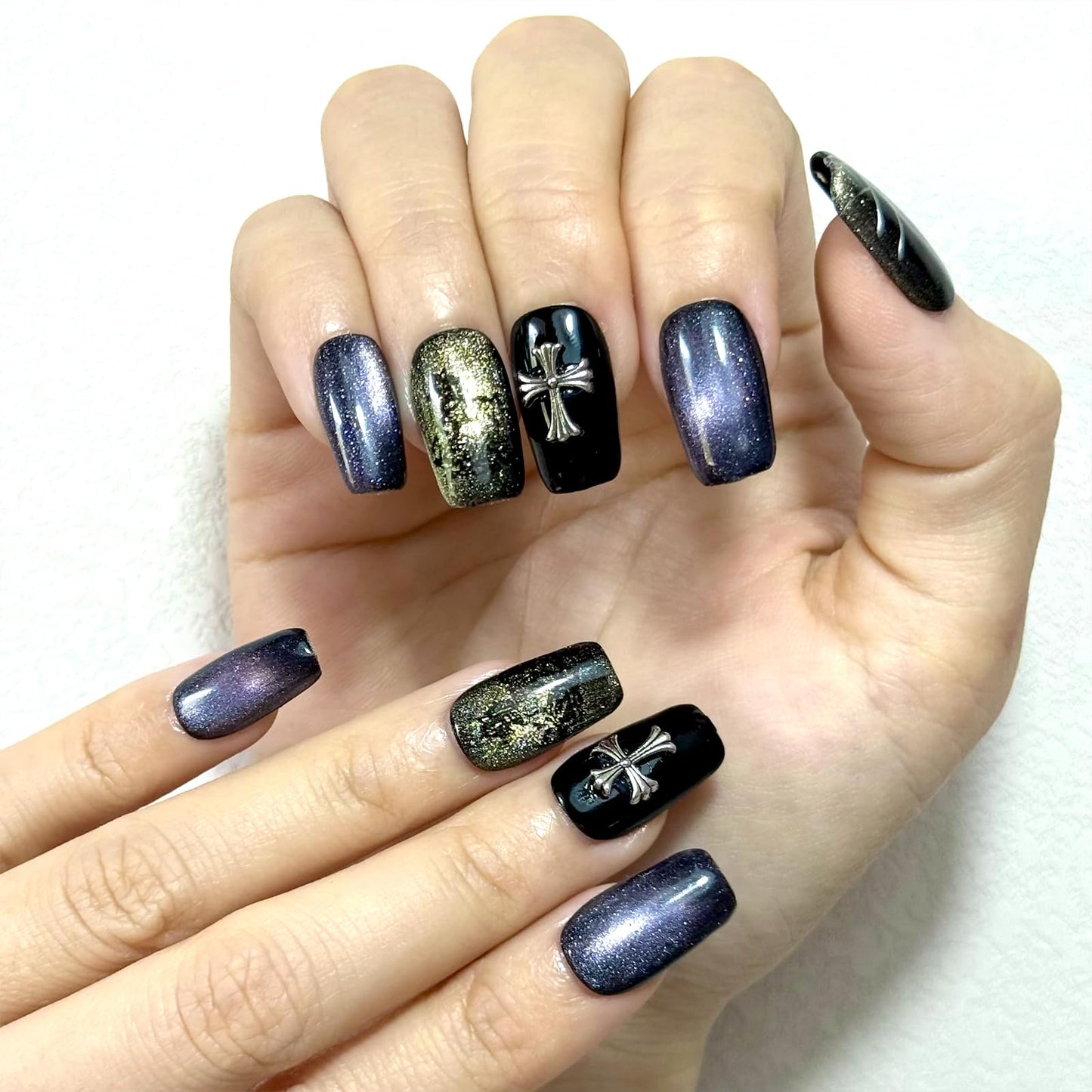 Purple Cat eye Short Square Press on Nails,Blackness Punk Rock Style False Nails with Cross Designs,Gothic Cross Press On Nails - 10Pcs Nail Kit for Women and Girls.