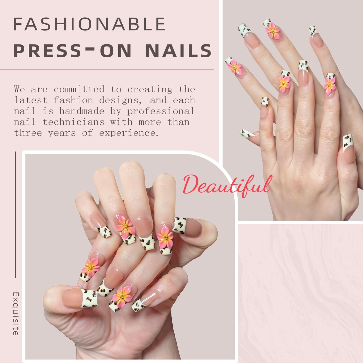 Nude Pink Handmade Press On Nails – Long Coffin French Leopard Print & Floral Rhinestone Design | Thick Acrylic Full-Coverage False Nails Spring Pattern (S-10PCS)