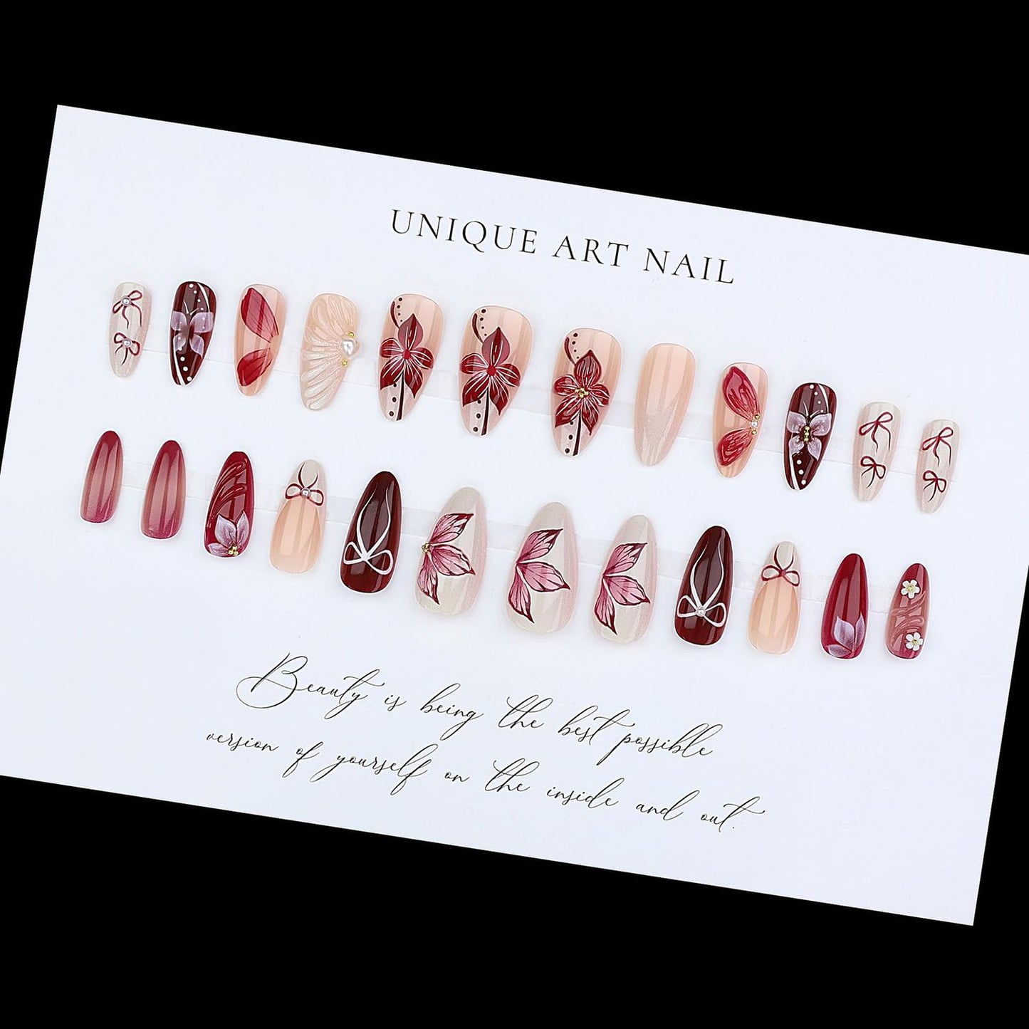 Almond Press On Nails Medium Flower Fake Nails Bow Nails Press Ons With Pearls Designs French Acrylic Nail Spring Summer Glossy Glue On Nails For Women Girls Nail Accessories 24Pcs