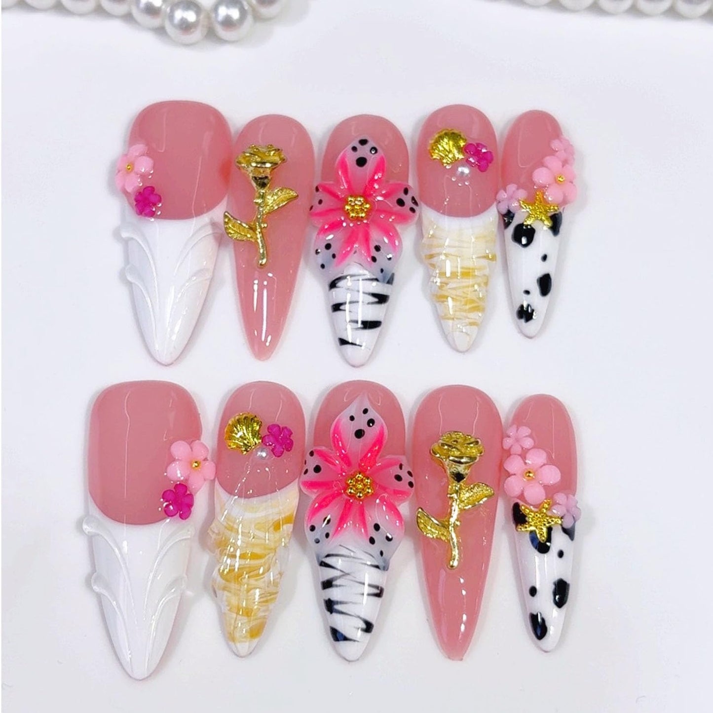 10 Pcs Handmade Press on Nails Long Stilettos Fake Nails with White French Tip Leopard Print Design 3D Flowers False Nails Pink Acrylic Stiletto Press Ons Nails for Women Wedding Nail Art - M Size