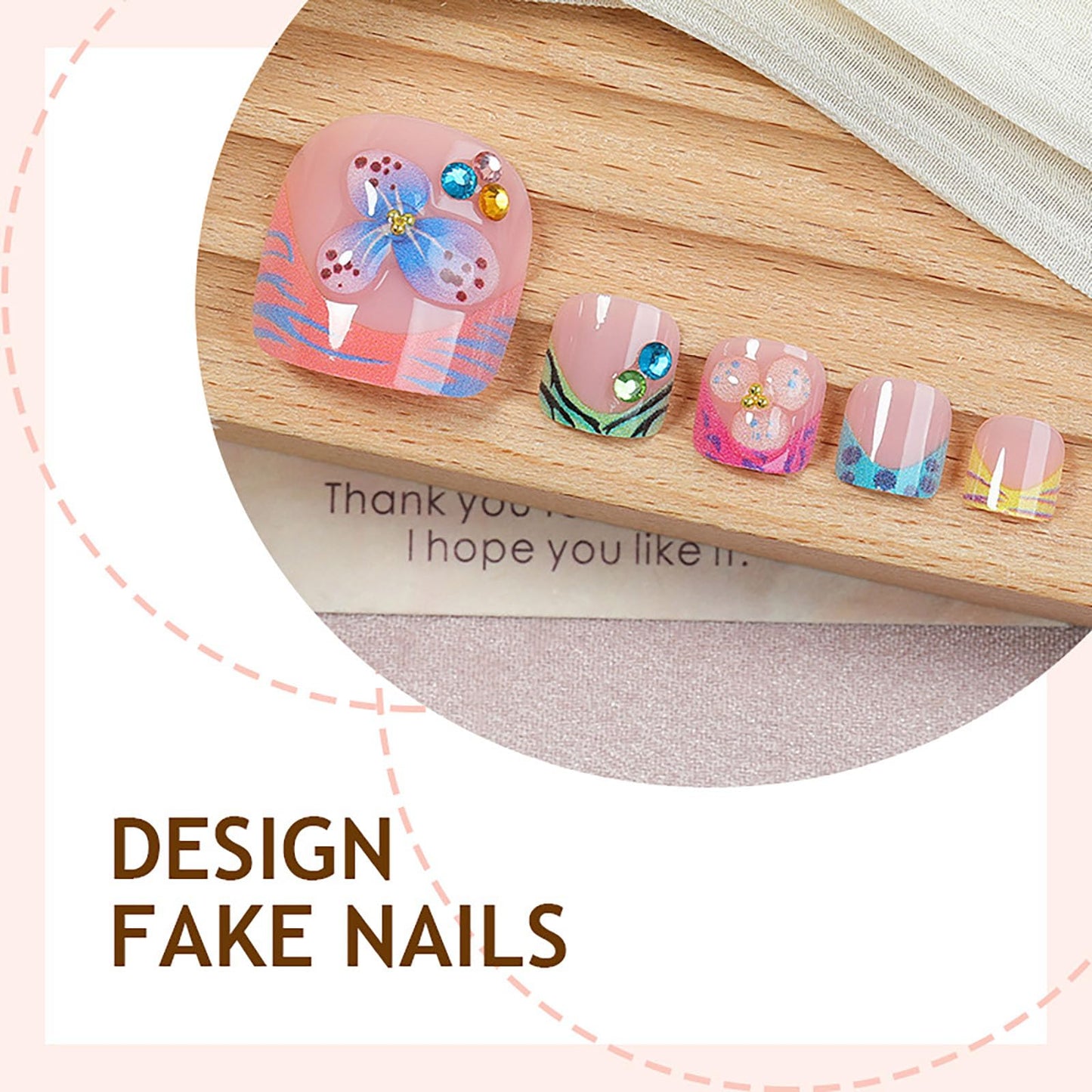RUOKEXIN Short Press on Toenails French Tip Fake Toenails with 3D Flower Designs Square Toe Nail Press ons Sparkly Artificial Nails for Women 24Pcs