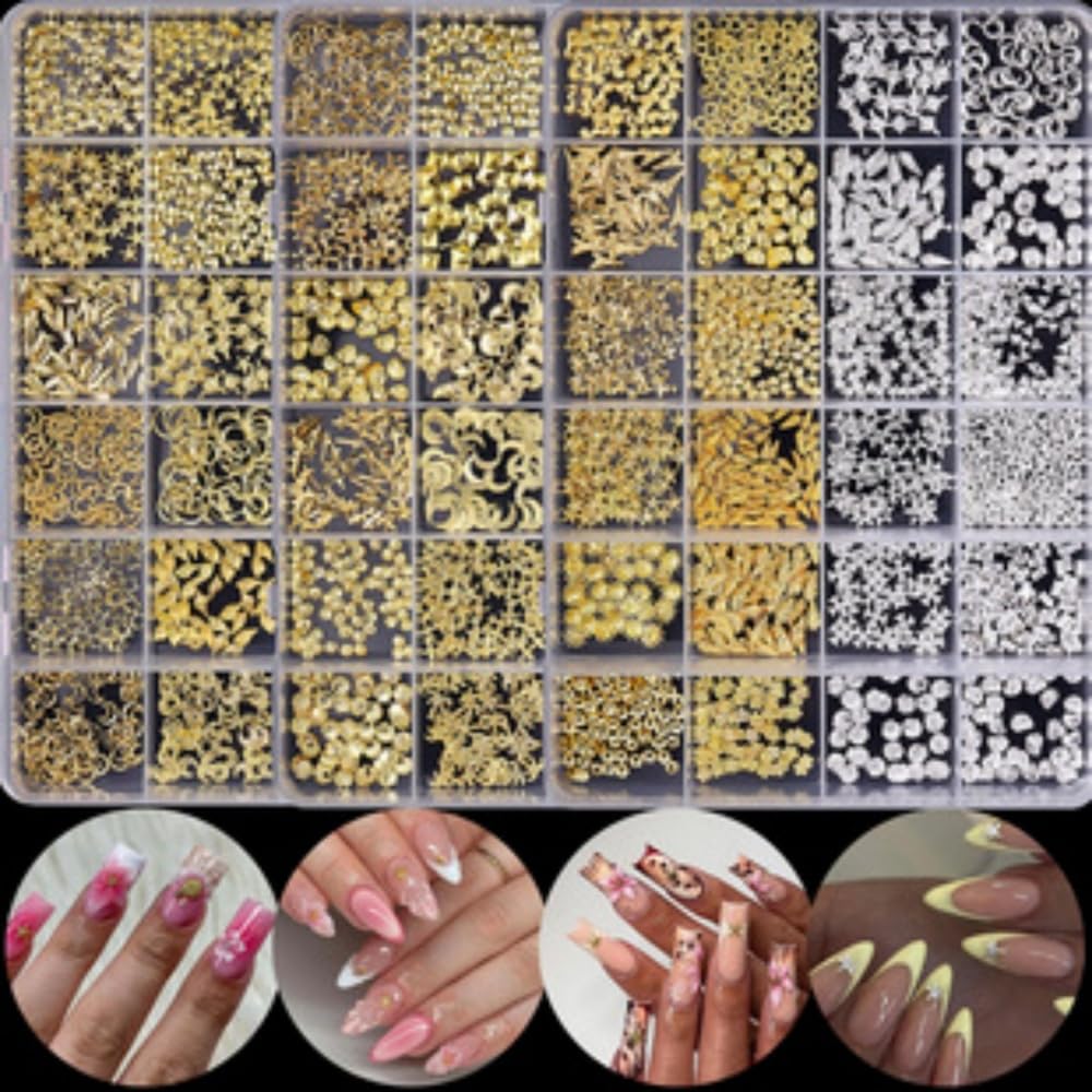 Gold Nail Charms 3D Alloy Flower Nail Gems Ocean Beach Starfish Conch Seashell Nail Jewels Multi-Shapes Metal Golden Moon Star Nail Art Supplies with Tweezer for Women DIY Acrylic Nail 12 Grids 1 Box