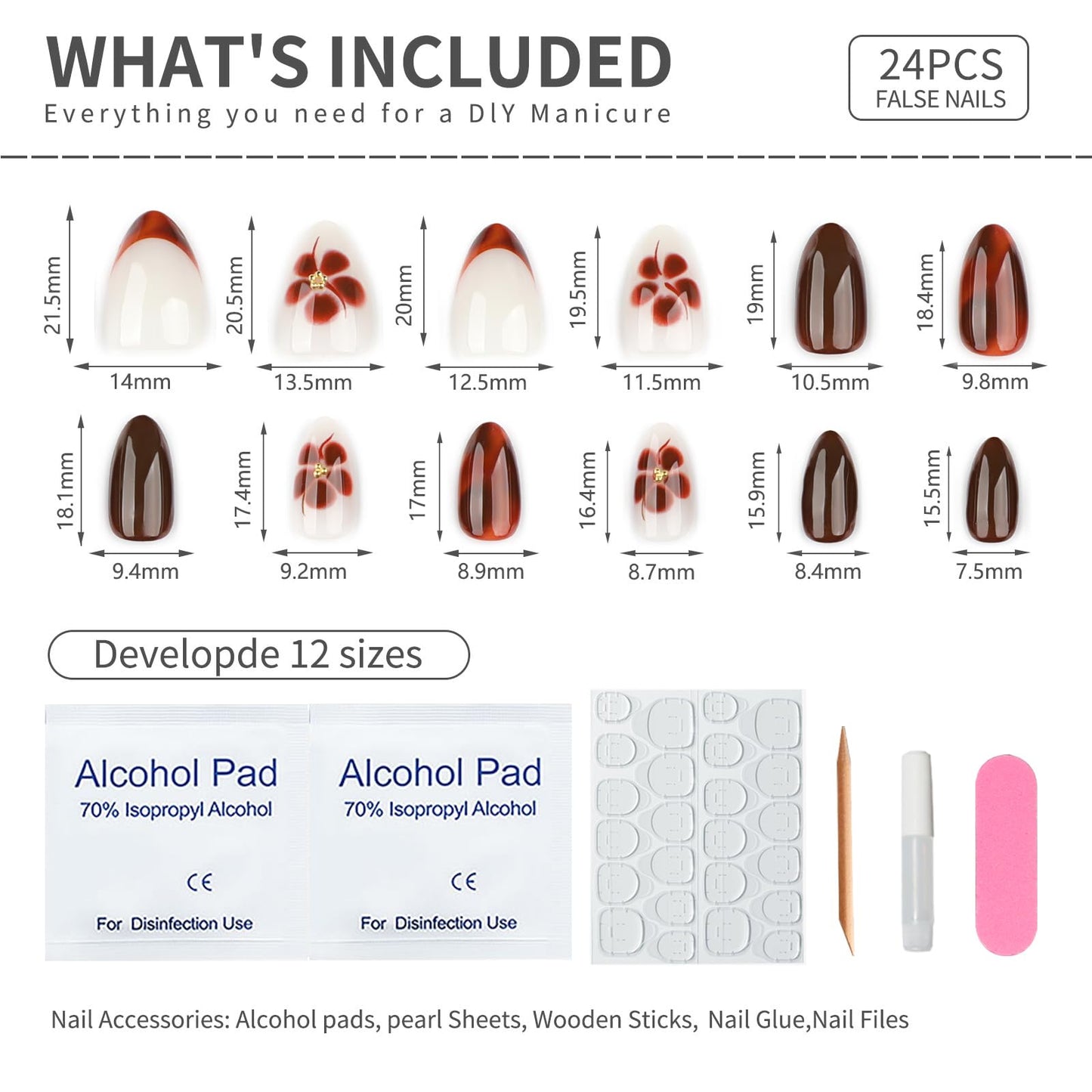 Mivota French Press On Nails Short Almond, Fall Fake Nails Adorned with Black and Burgundy Petal Accents, 3D Design, Glossy Gel Finish Acrylic Nails, Reusable Glue On Nails for Women, 24Pcs
