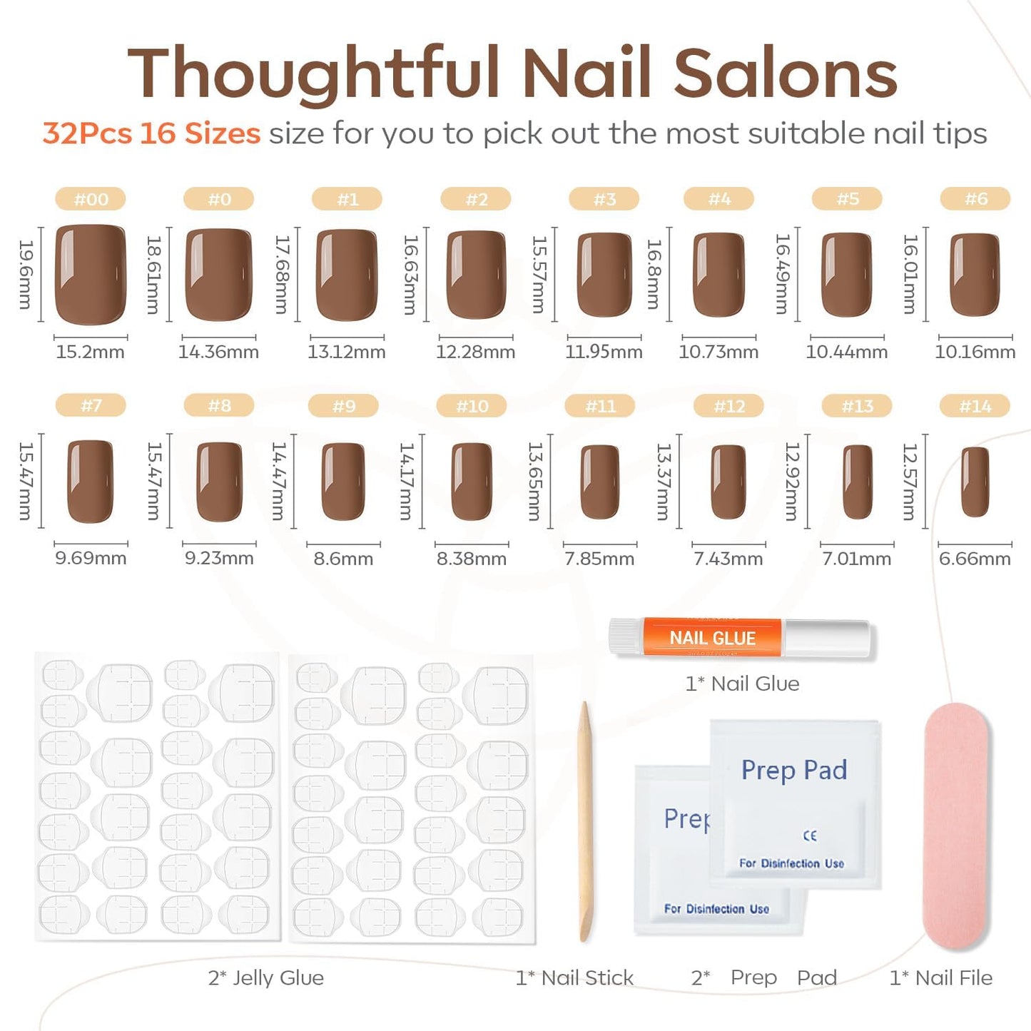 Modelones 32Pcs Brown Press on Nails, Short Square Fake Nails, Reusable Nail Kit with Nail Glue Adhesive Tabs Mini Nail File, Nails Press Ons 16 Sizes