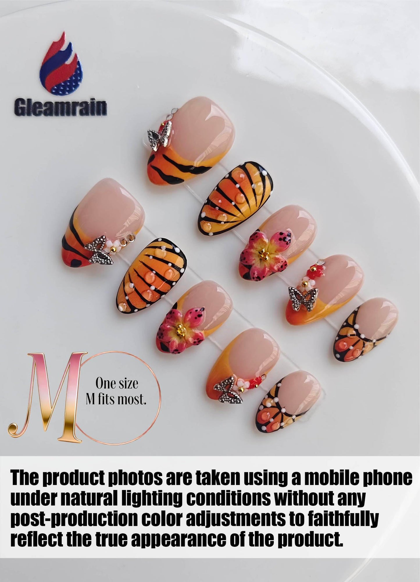 Gleamrain Handmade Press on Nails Almond Shape M Size/Gleamrain Luxury Medium Hand Made Nails with Design for Women 10Pcs by P12