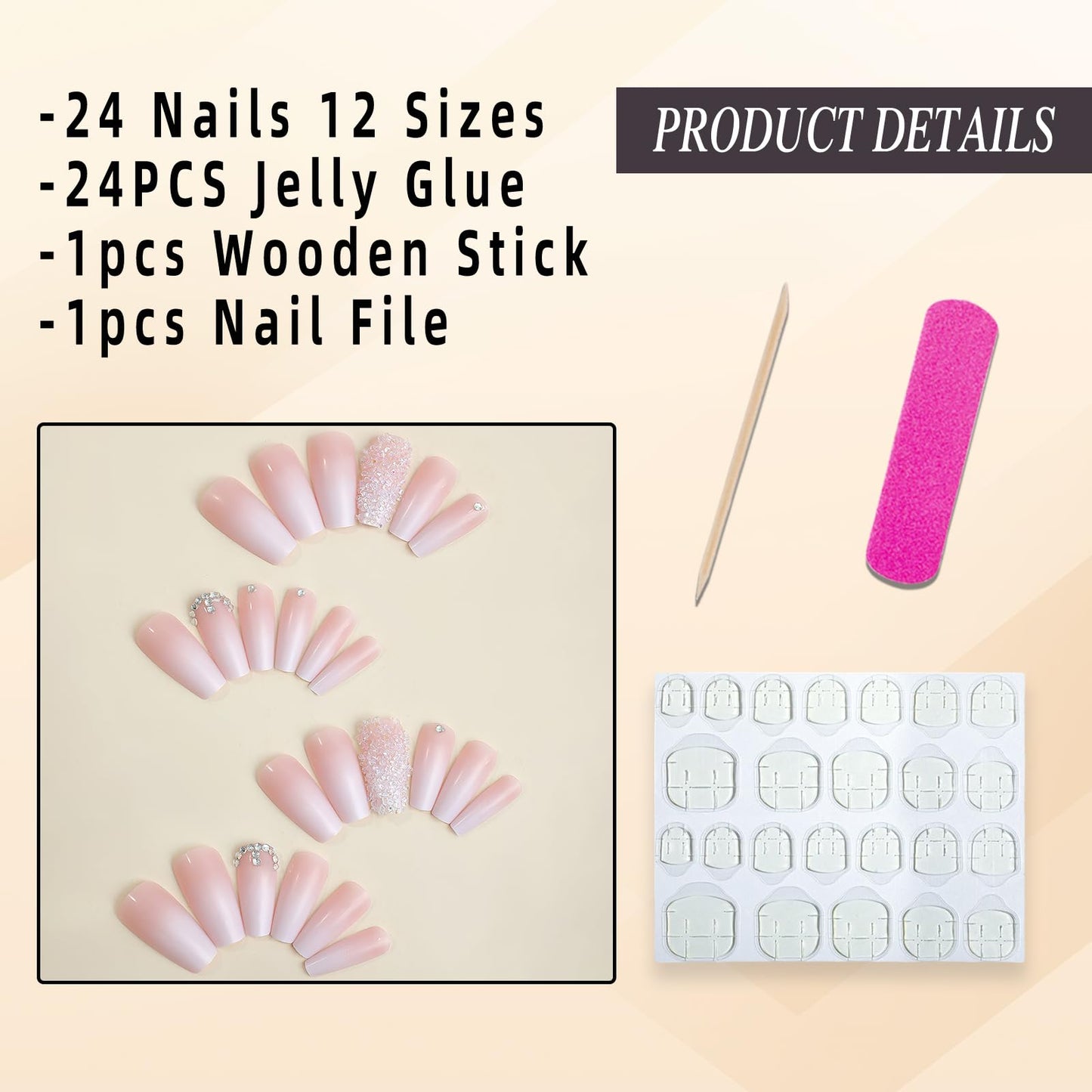 Jremg Pink Press On Nails - Long Square Coffin Fake Nails, Pink White Ombre, Full Cover Acrylic, Glossy Gradient False Nails with Design Rhinestone, Stick On Nails for Women Girls Manicure, 24Pcs
