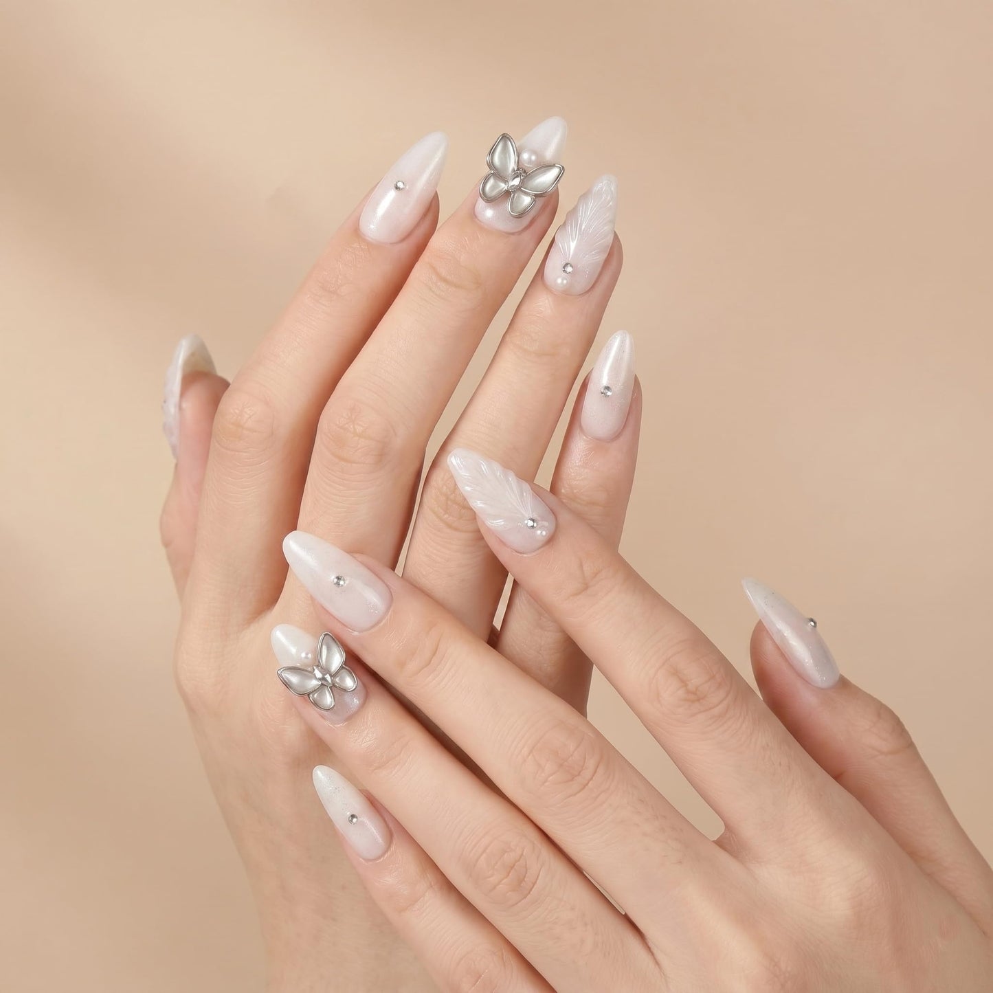 Sun&Beam Nails Handmade Press On Nails Long Stiletto Silver Glitter Butterfly Pearl Shimmer 10 Pieces for Everyday Wear and Special Occasions (#020 M)