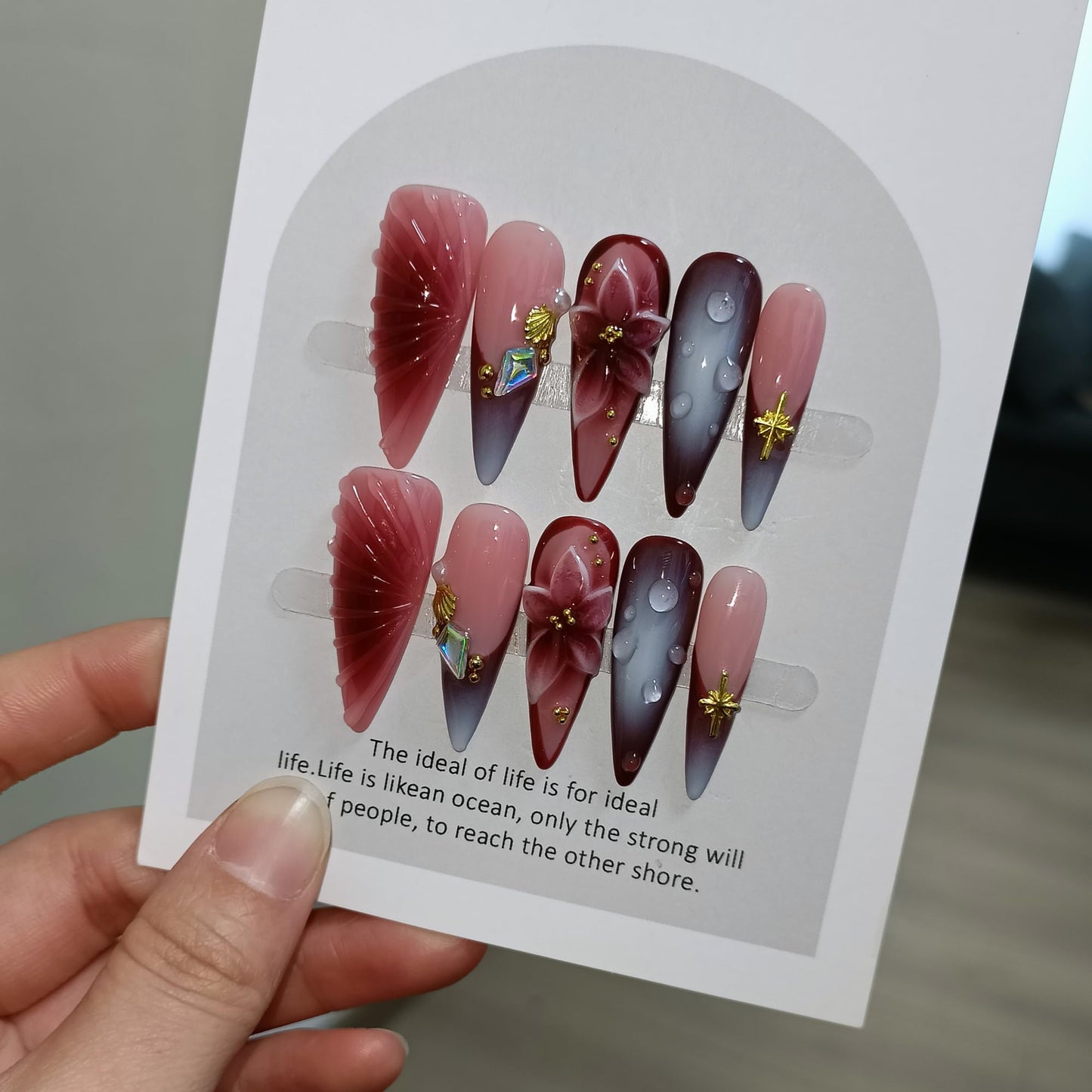 TENPAL Stiletto Press on Nails - Wine Brown Blushing French Fake Nails with 3D Floral Teardrop Design,Glossy False Nails with Tools,Handmade Glamorous Winter Style Glue on Nails for Women Girls(S)