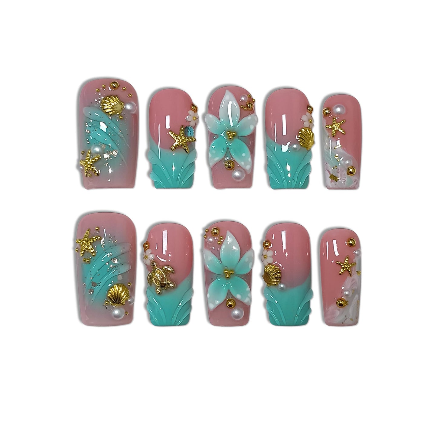 TENPAL Handmade Coffin Press on Nails Medium- Emerald Green Blushing Ombre Fake Nails with 3D Starfish & Shell Design, Coastal Elegance Style Glossy Acrylic Flowers False Nails with Tools(M)