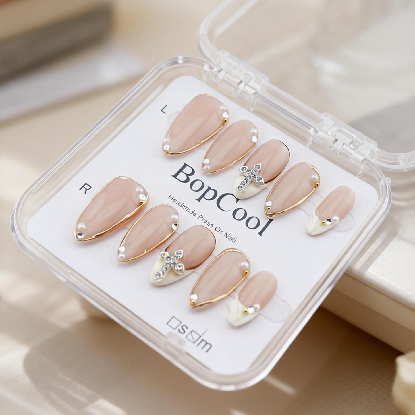 Luxury Handmade false nails，3D Gold French Cross Press-On Nails – Medium Almond Shape False Nails with Rhinestone Embellishments, Elegant Reusable Stick-On Nails(10PCS-M)