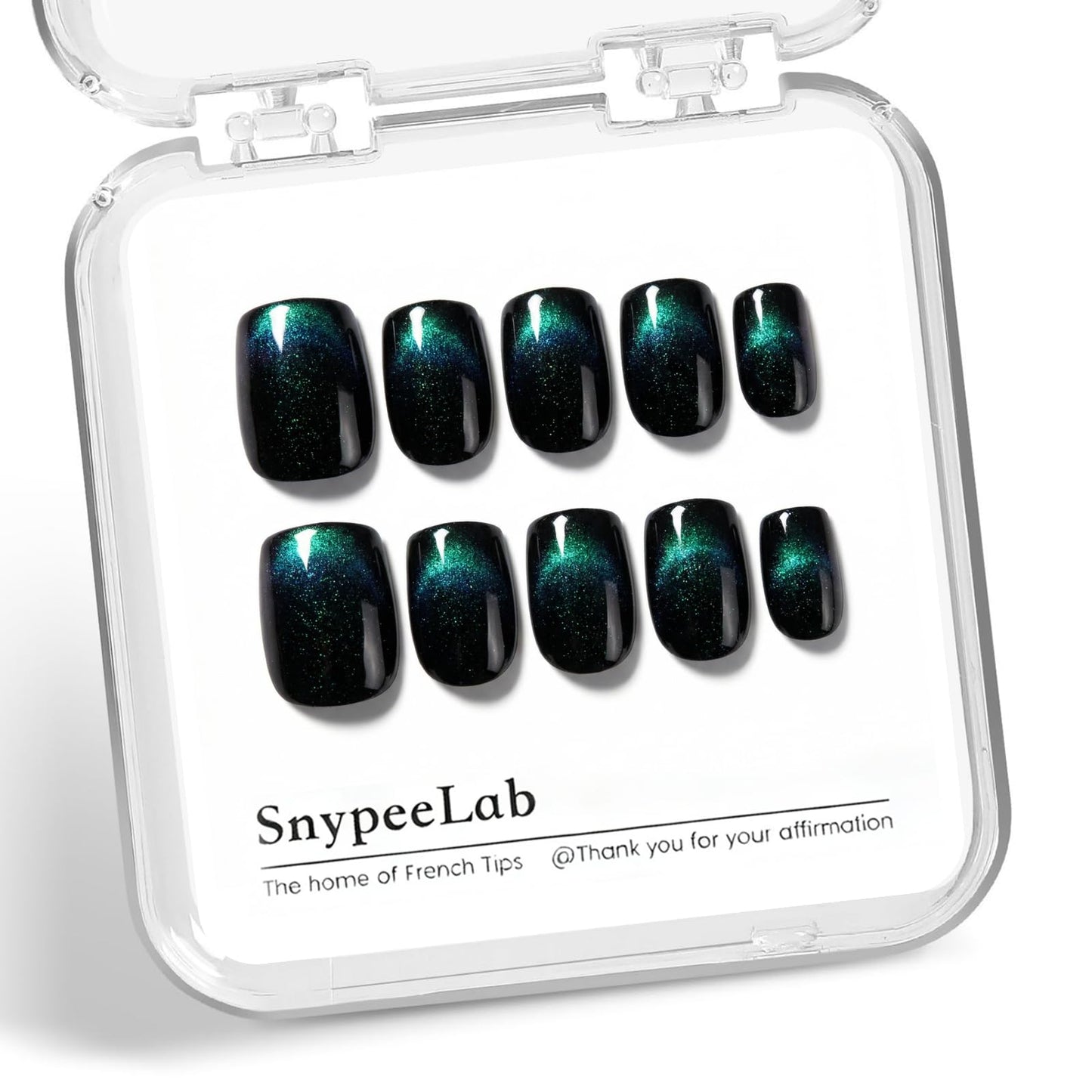 SnypeeLab Green Cat Eye Press on Nails Short Square, French Tip Short Square Glue on Nails for Women Gift, Reusable Soft Press on Acrylic Nail with Designs 30Pcs (Teal Green)