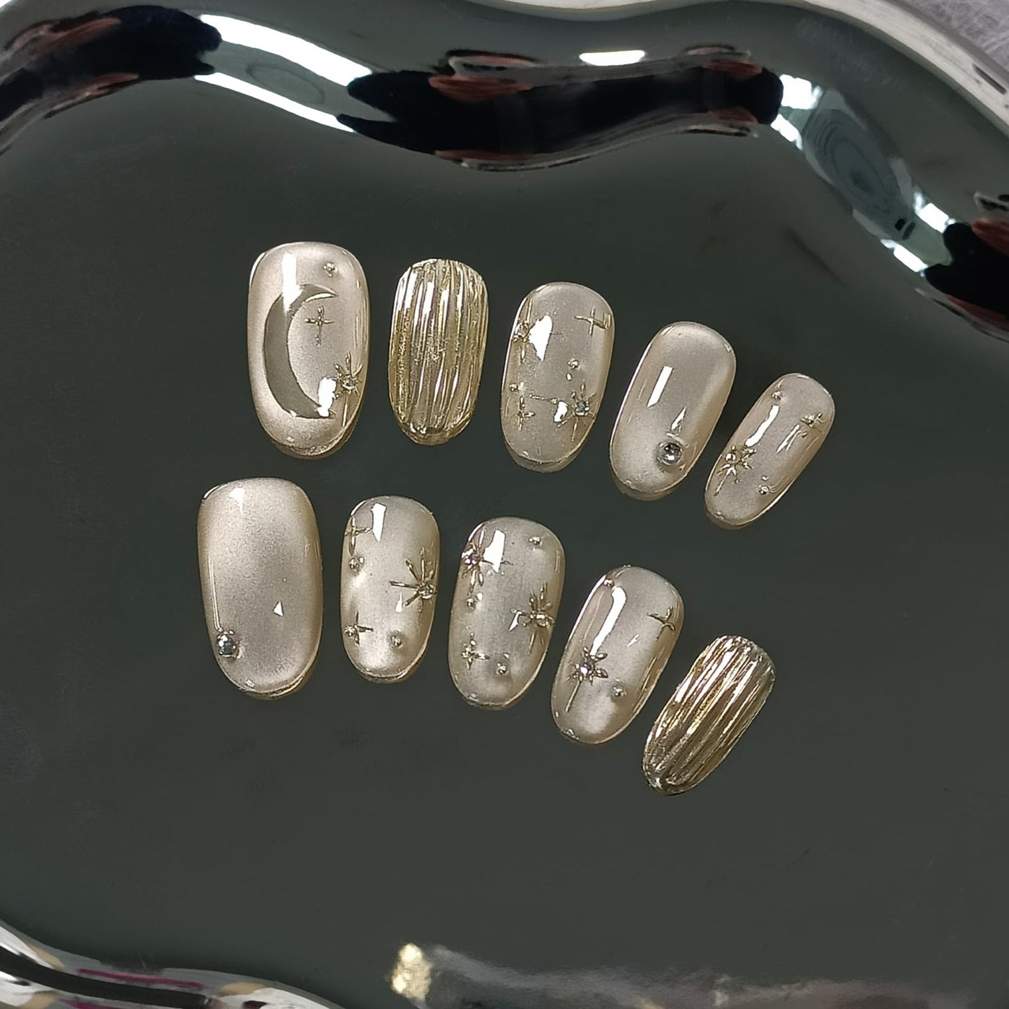 TENPAL Handmade Press on Nails Short Oval,Cat Eye Fake Nails with Mirror Star Moon Designs,Soft Gel Ethereal Edgy French Retro Nails Kit with Tools,Shimmer Glossy Glue on Nails Short for Women(XS)